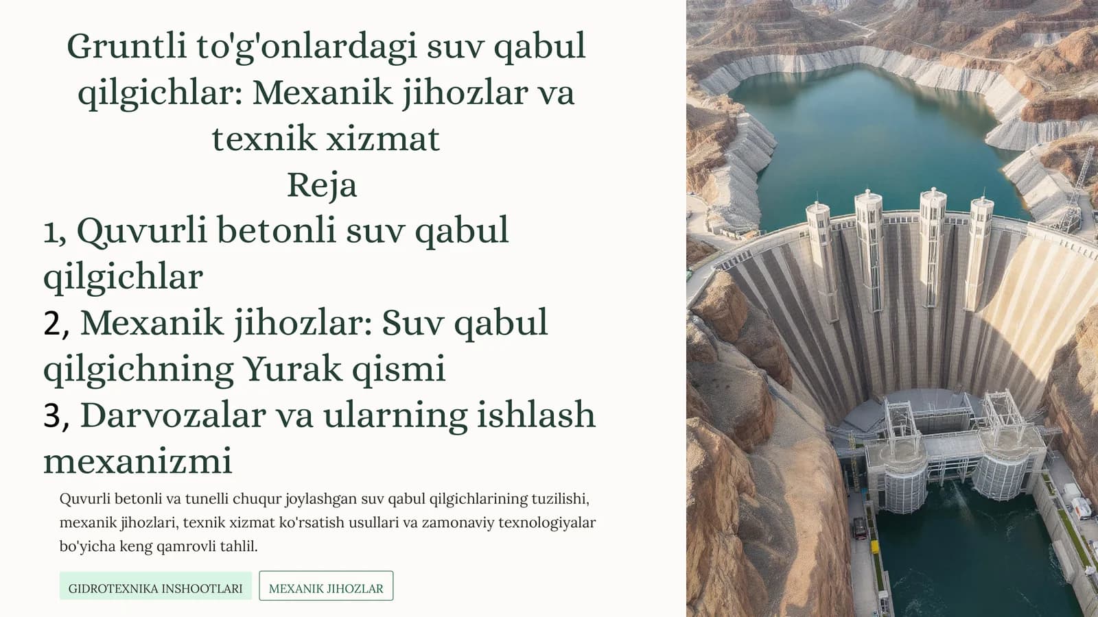 Gruntli to'g'onlardagi suv qabul qilgichlar