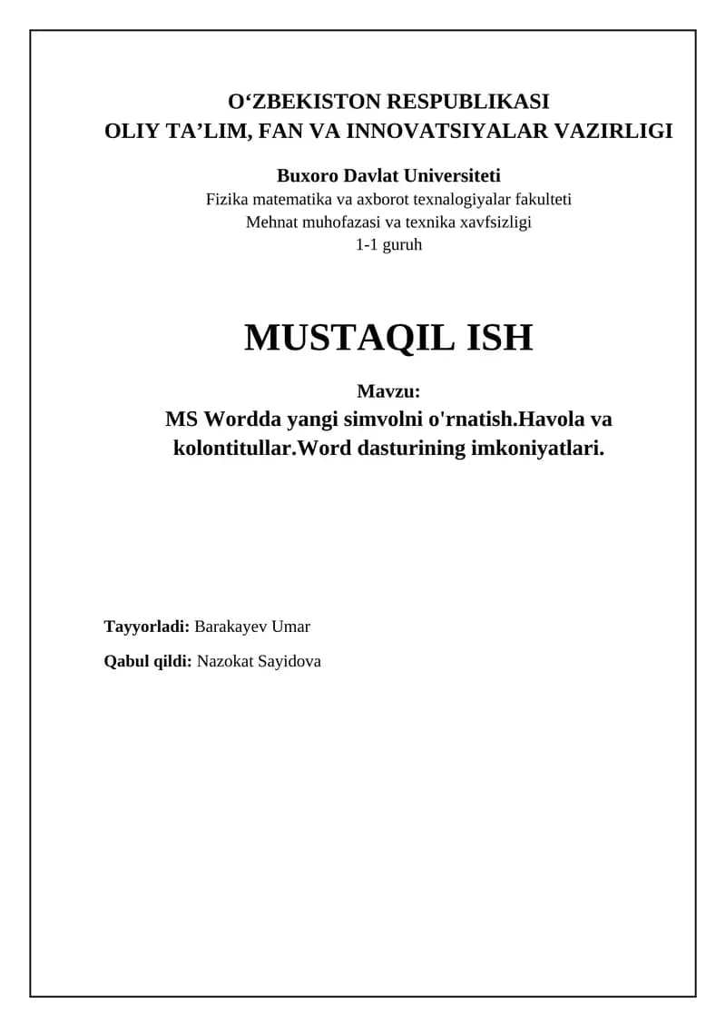 MS Wordda yangi simvolni o'rnatish