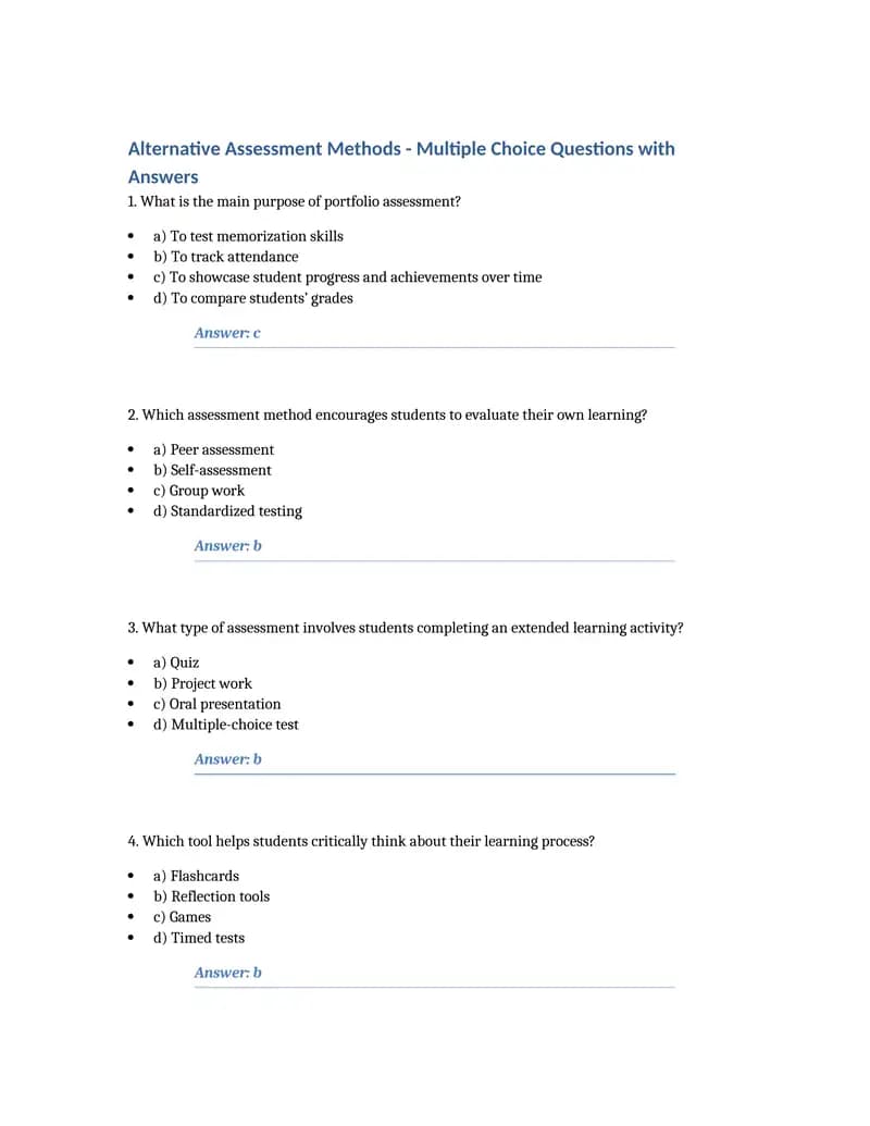 Alternative Assessment Methods - Multiple Choice Questions with Answers