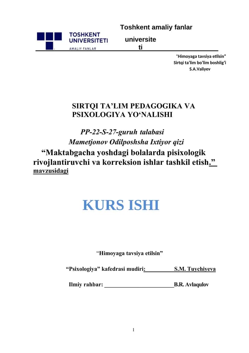 Maktabgacha yoshdagi bolalarda pisixologik rivojlantiruvchi va korreksion ishlar tashkil etish.