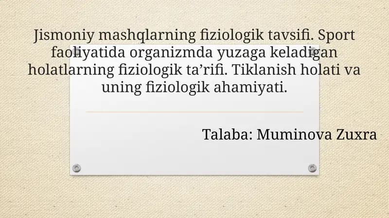 Jismoniymashqlarning fiziologik tavsifi