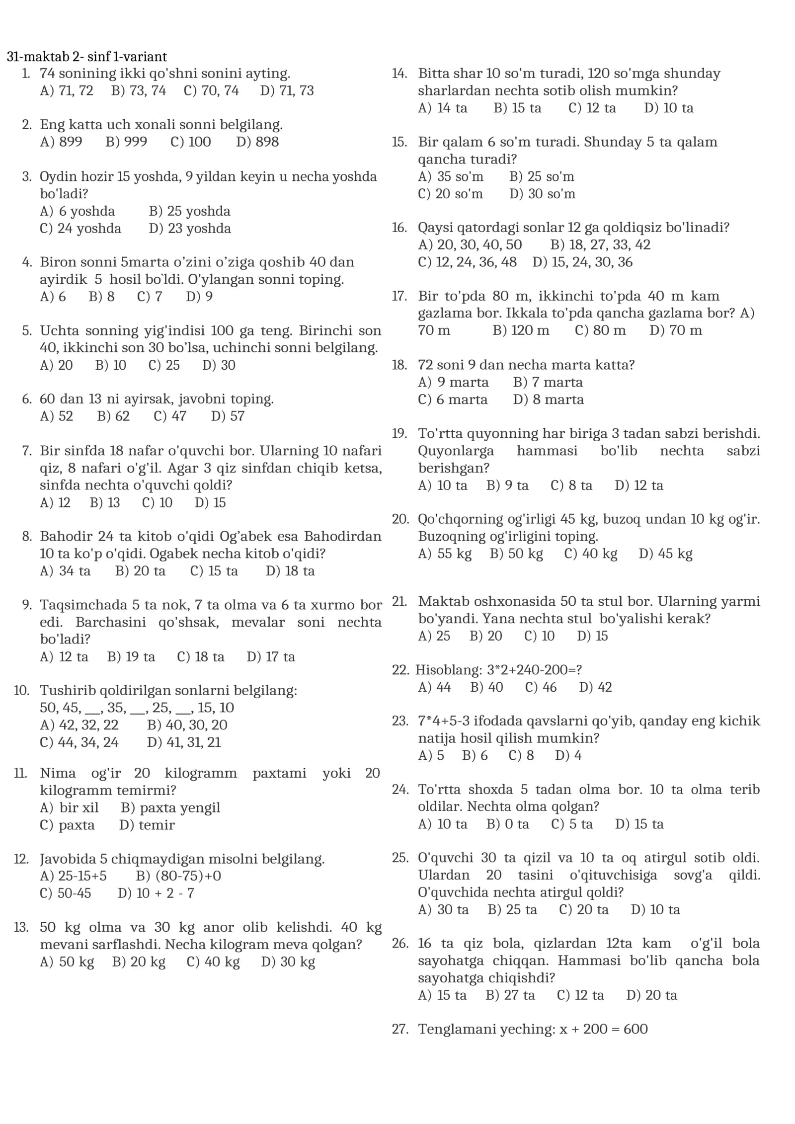 31-maktab 2- sinf 1-variant