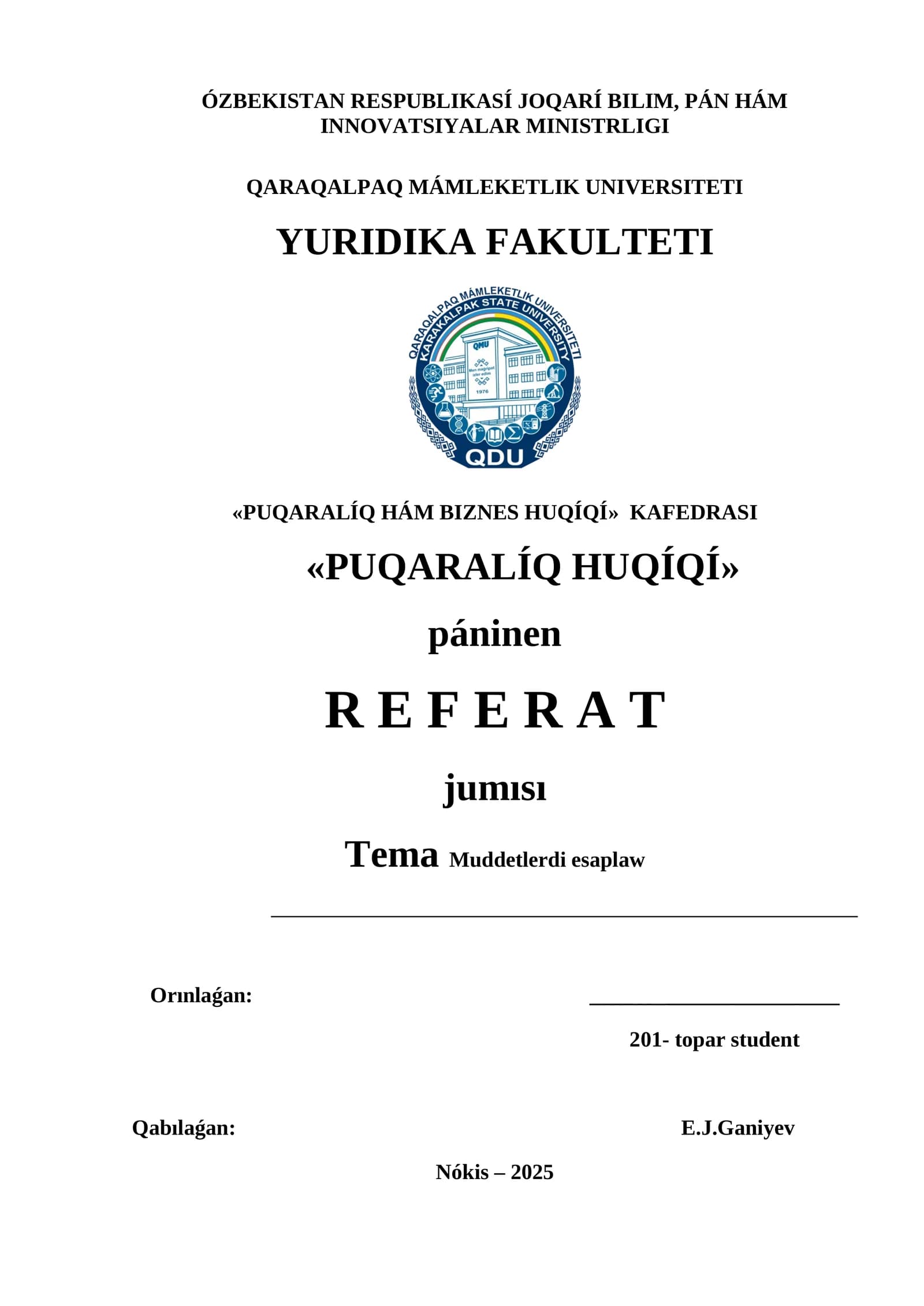 «PUQARALÍQ HUQÍQÍ» páninen R E F E R A T jumısı