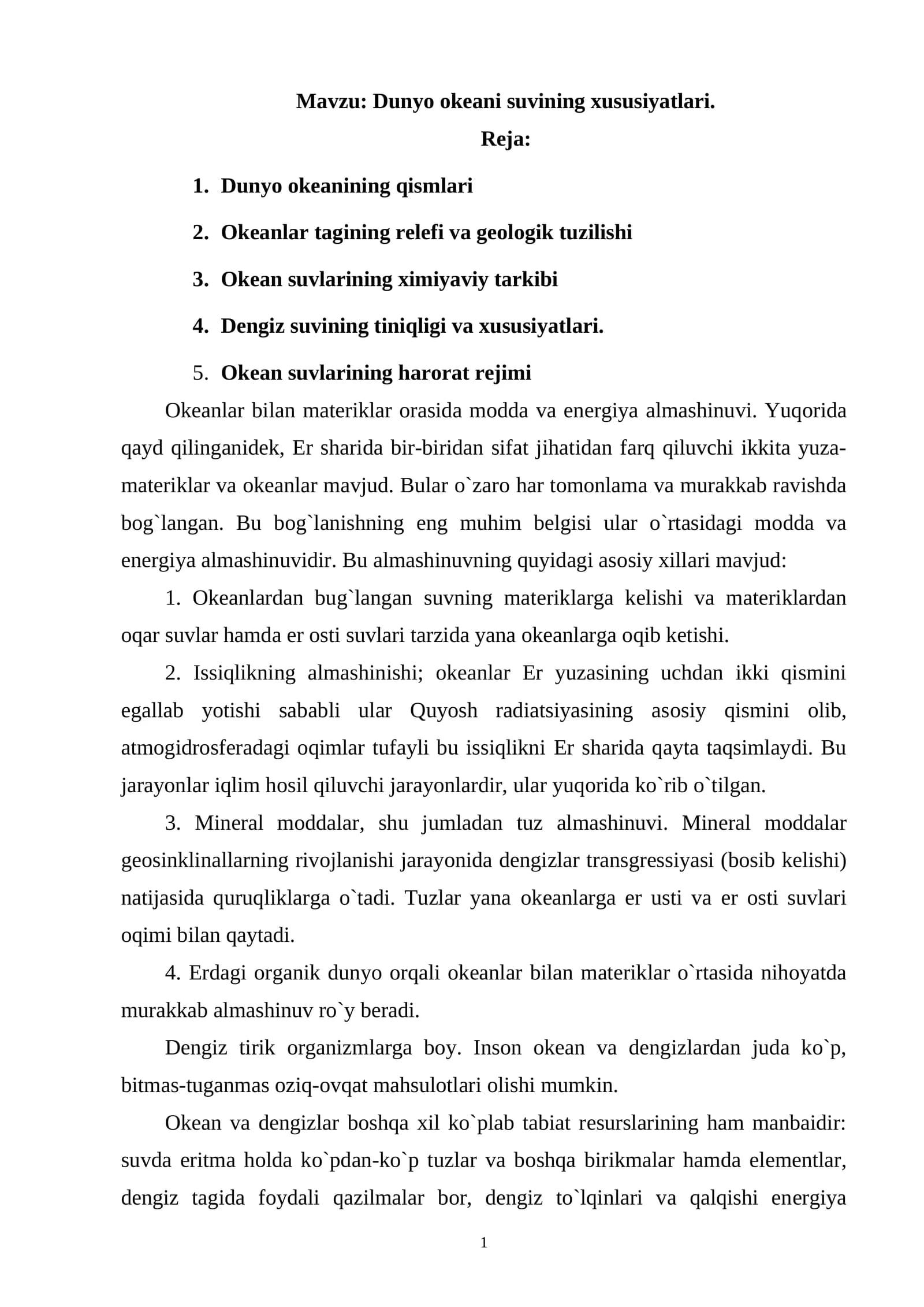 Dunyo оkеani suvining xususiyatlari