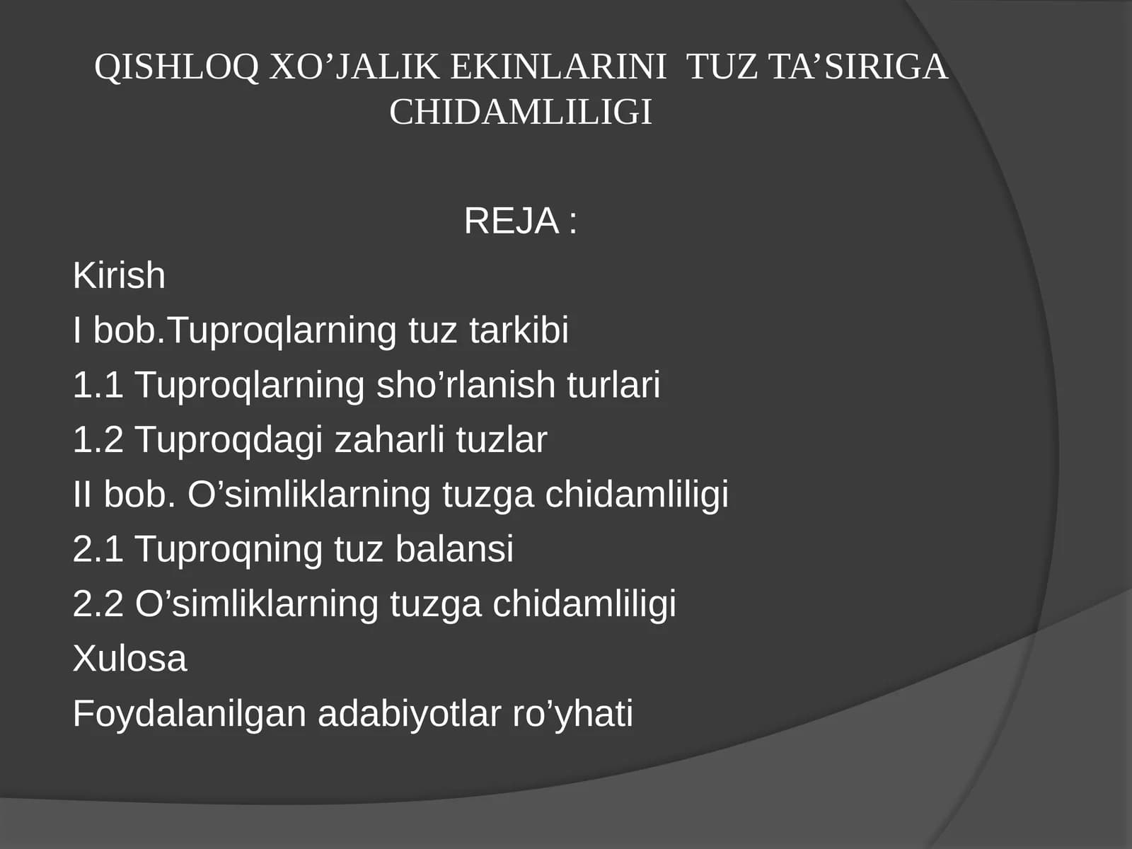QISHLOQ XO’JALIK EKINLARINI TUZ TA’SIRIGA CHIDAMLILIGI