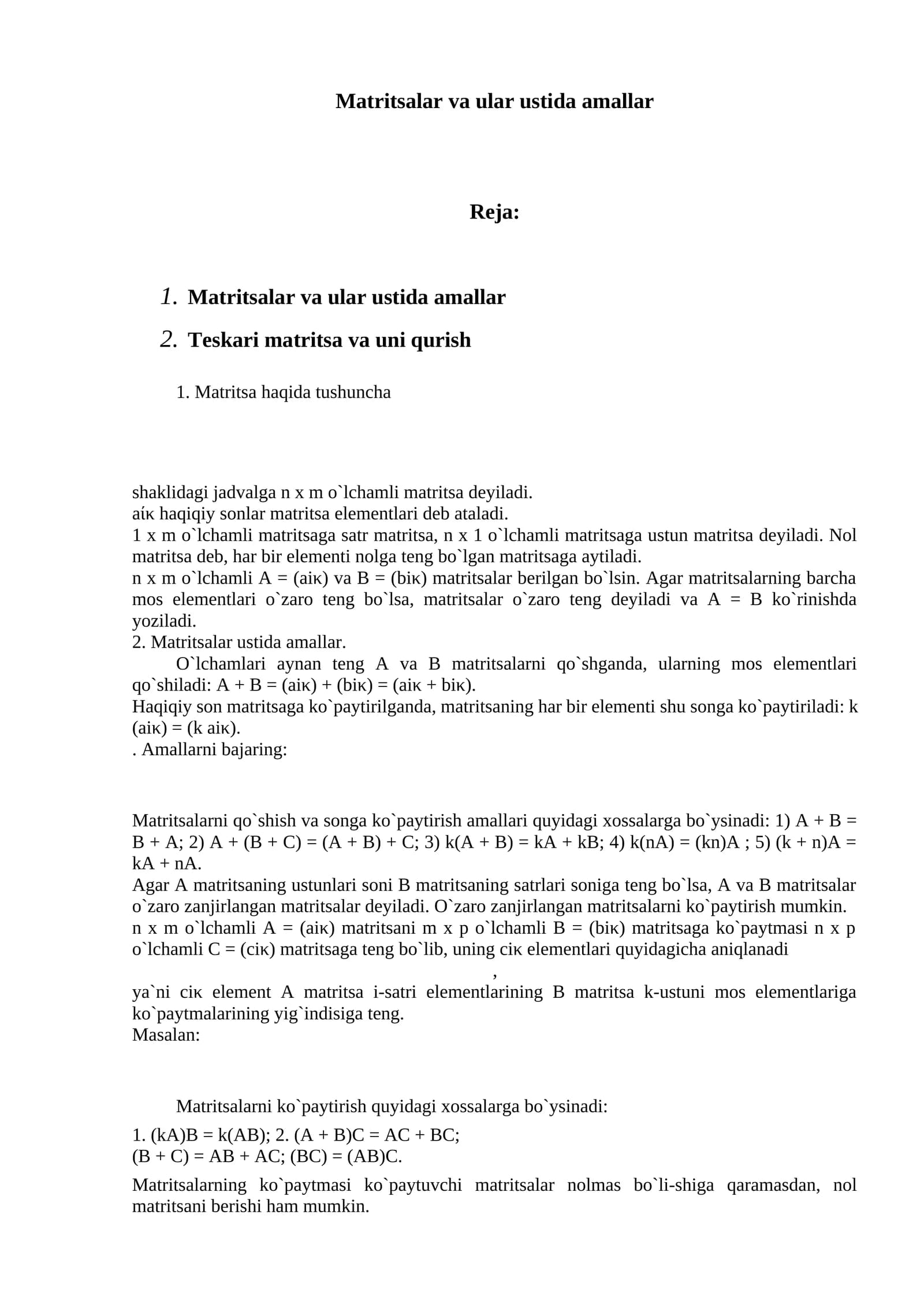 Matritsalar va ular ustida amallar