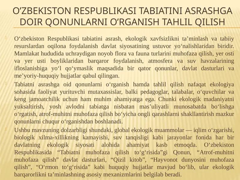 O’zbekiston respublikasi tabiatini asrashga doir qonunlarni o’rganish tahlil qilish