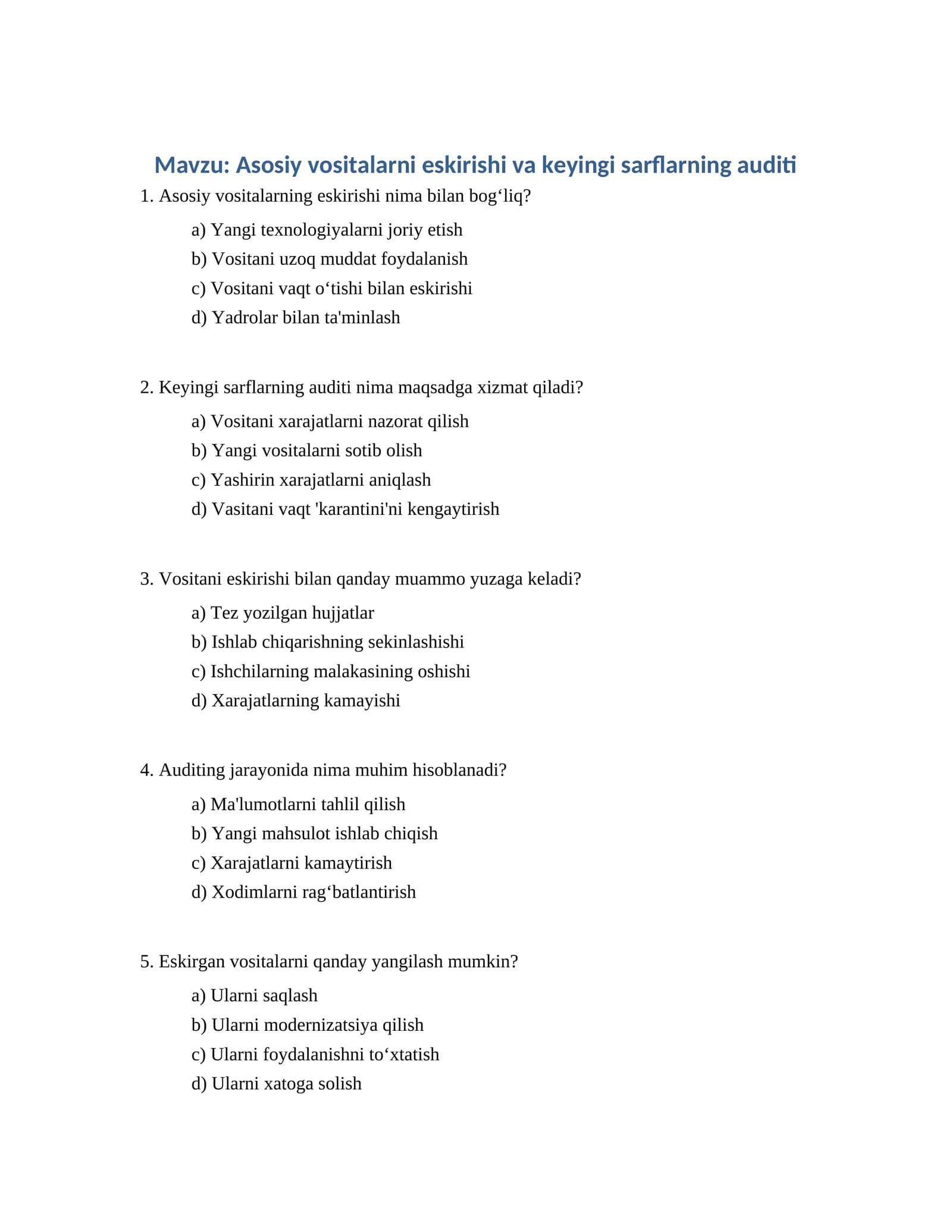 Asosiy vositalarni eskirishi va keyingi sarflarning auditi