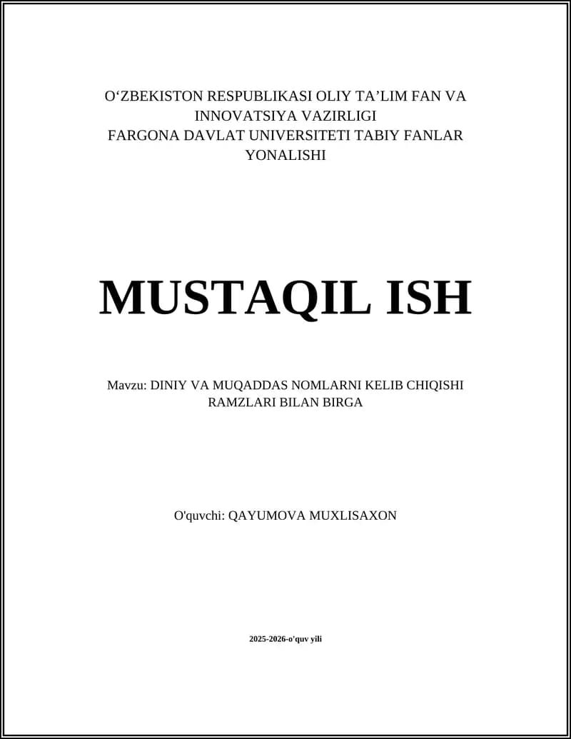 DINIY VA MUQADDAS NOMLARNI KELIB CHIQISHI RAMZLARI BILAN BIRGA