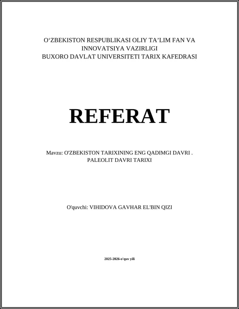 O'ZBEKISTON TARIXINING ENG QADIMGI DAVRI REFERAT