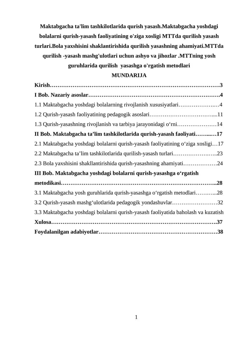 Maktabgacha ta'lim tashkilotlarida qurish yasash