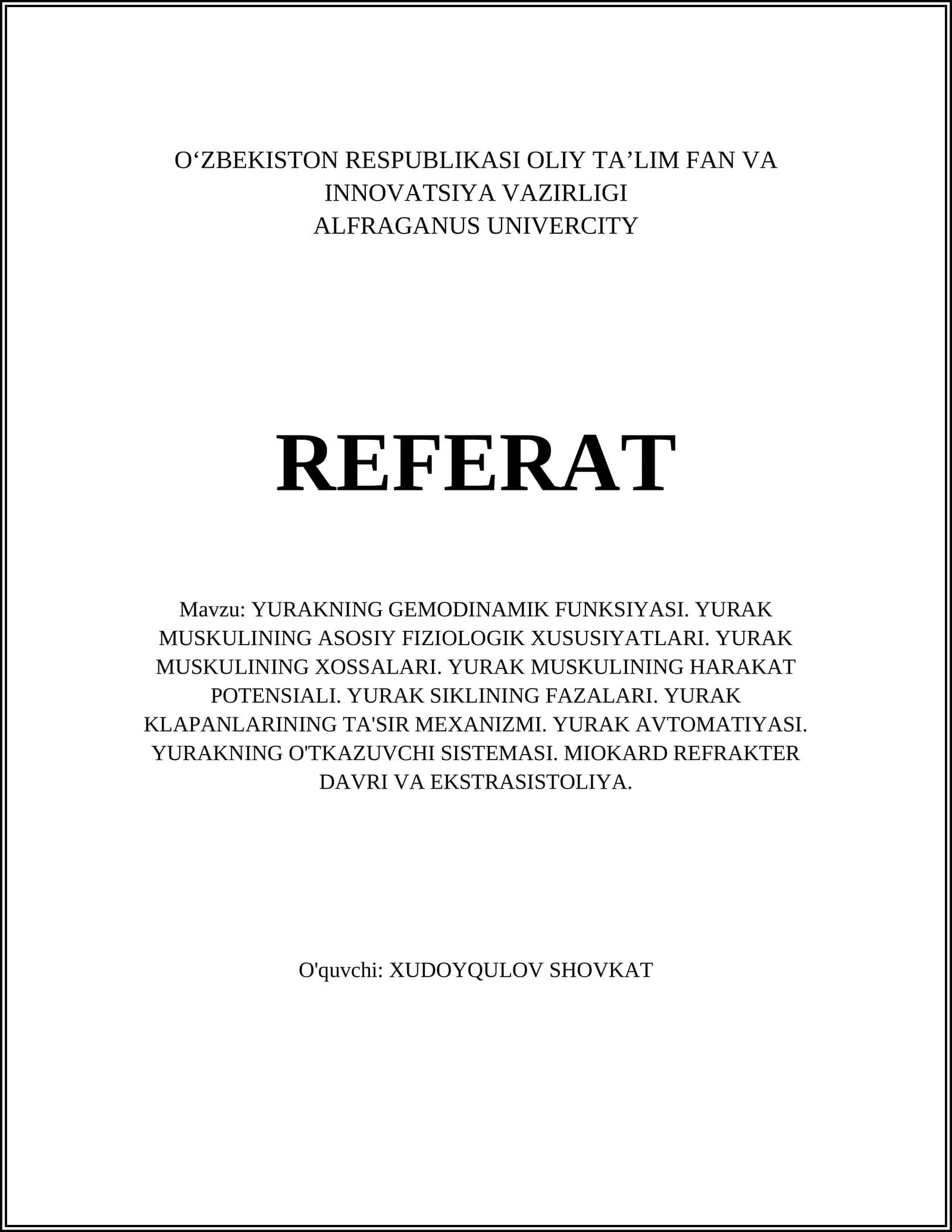 YURAKNING GEMODINAMIK FUNKSIYASI. YURAK MUSKULINING ASOSIY FIZIOLOGIK XUSUSIYATLARI. YURAK MUSKULINING XOSSALARI. YURAK MUSKULINING HARAKAT POTENSIALI. YURAK SIKLINING FAZALARI. YURAK KLAPANLARINING TA'SIR MEXANIZMI. YURAK AVTOMATIYASI. YURAKNING O'TKAZUVCHI SISTEMASI. MIOKARD REFRAKTER DAVRI VA EKSTRASISTOLIYA