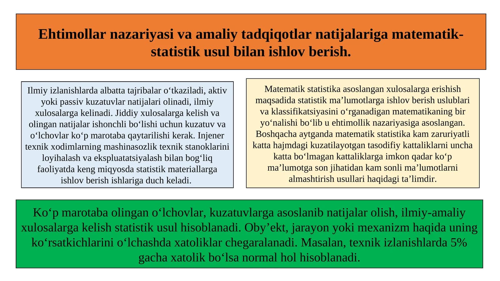 Ehtimollar nazariyasi va amaliy tadqiqotlar natijalariga matematik-statistik usul bilan ishlov berish