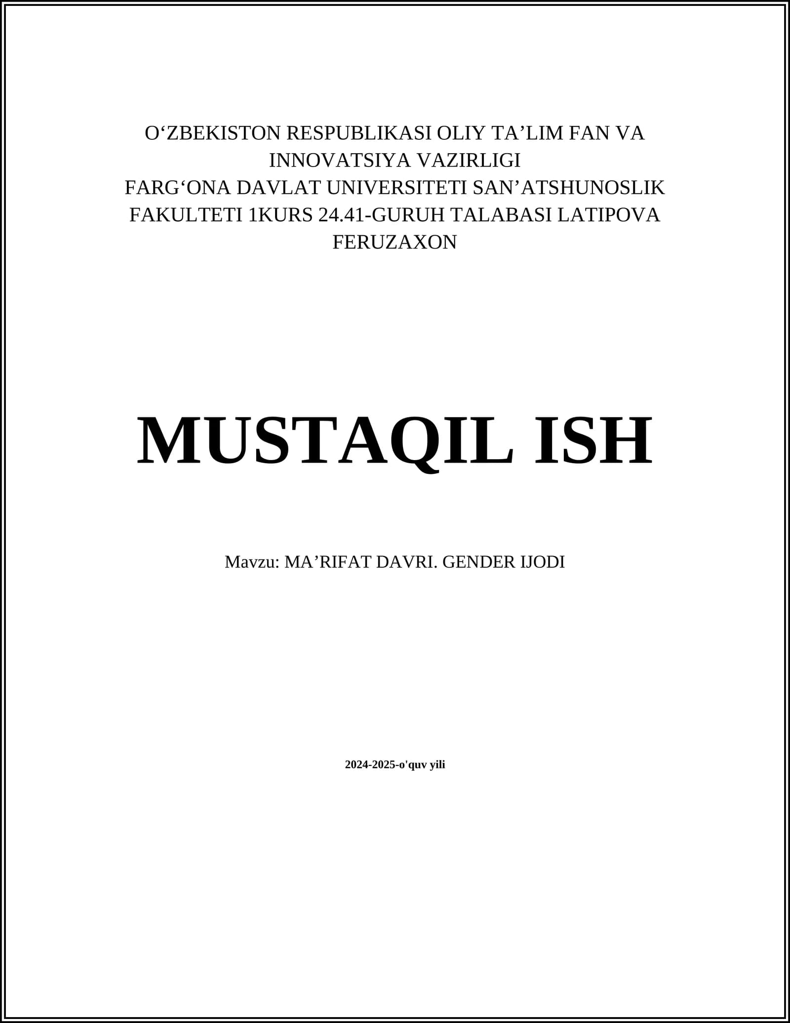 MAʼRIFAT DAVRI. GENDER IJODI