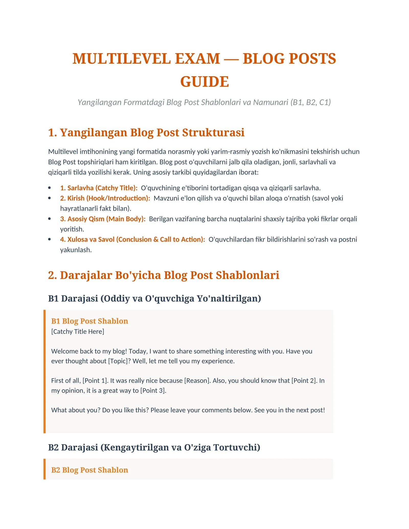 Yangilangan Formatdagi Blog Post Shablonlari va Namunari (B1, B2, C1)