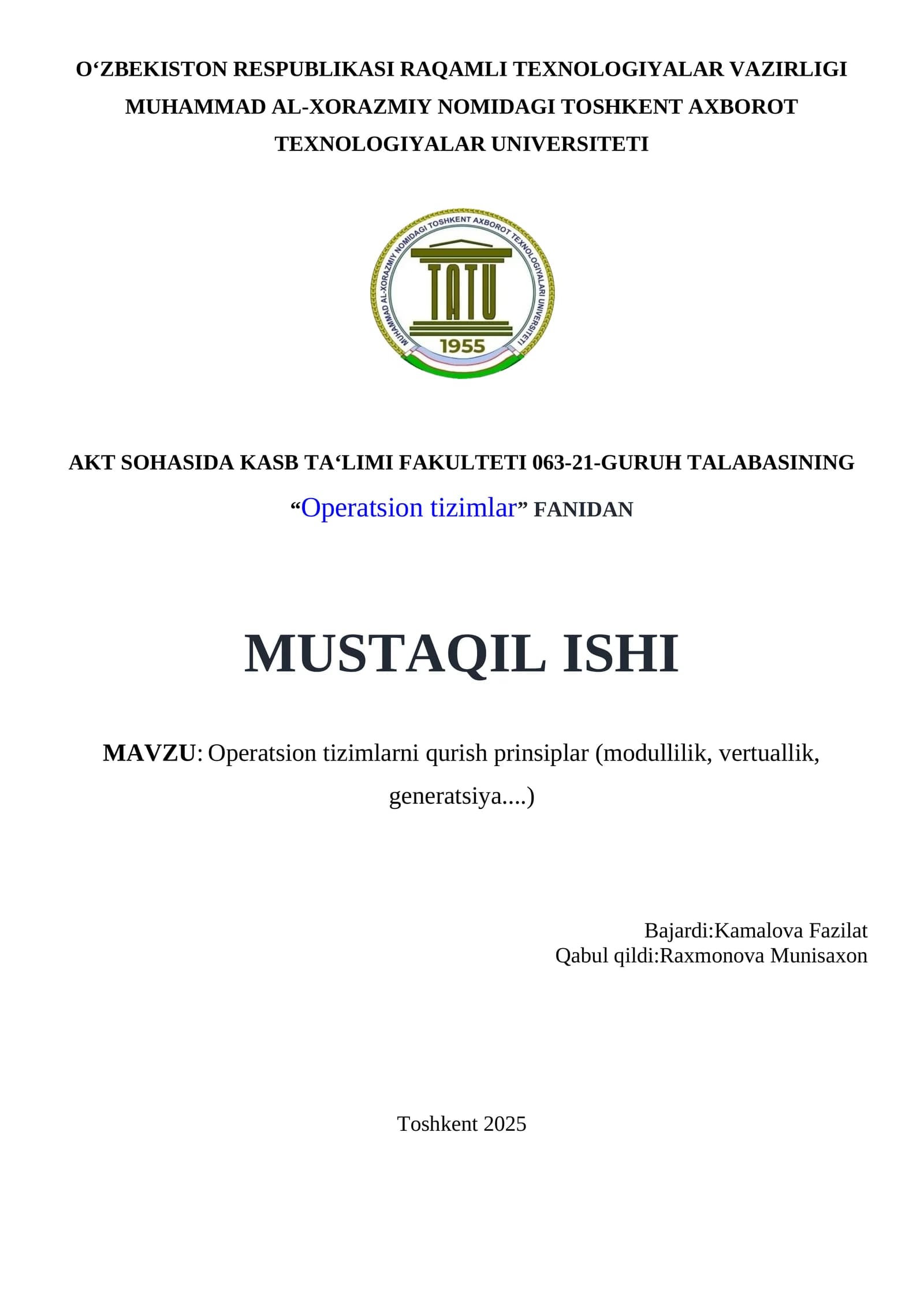 Operatsion tizimlarni qurish prinsiplar
