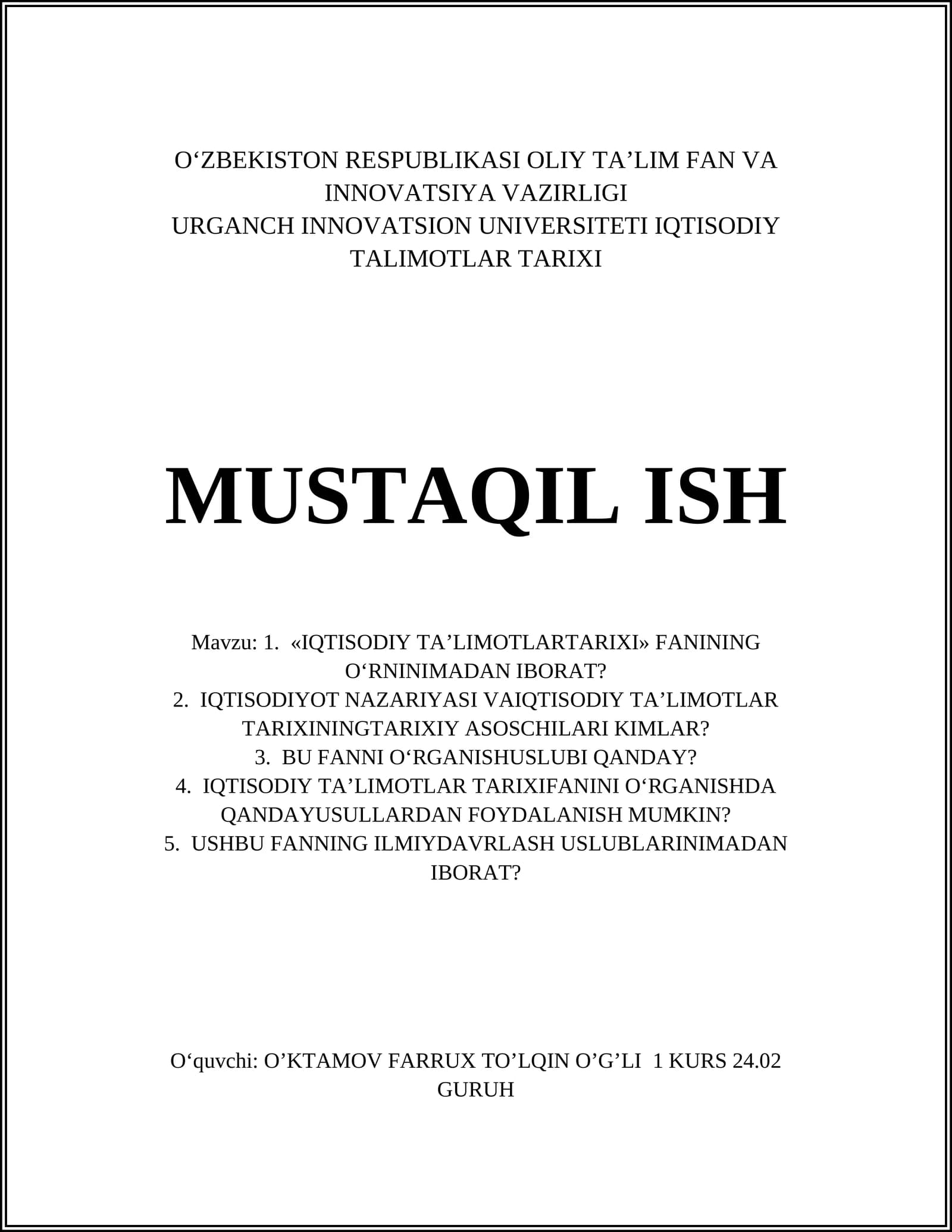 IQTISODIY TA’LIMOTLAR TARIXI