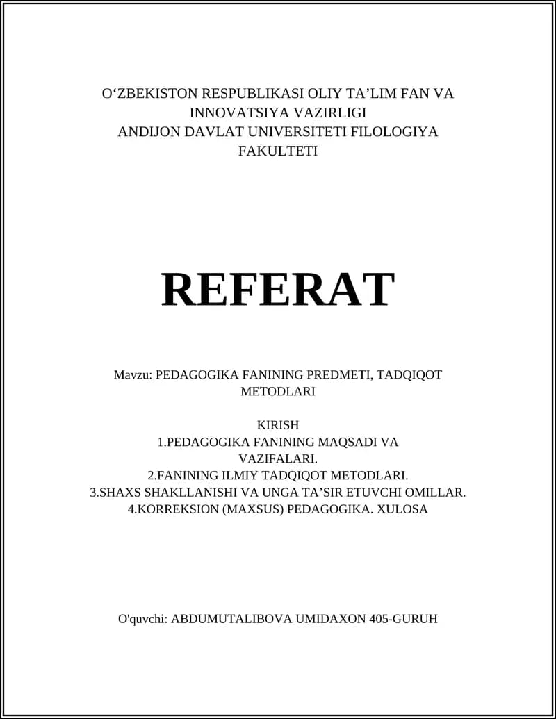 PEDAGOGIKA FANINING PREDMETI, TADQIQOT METODLARI