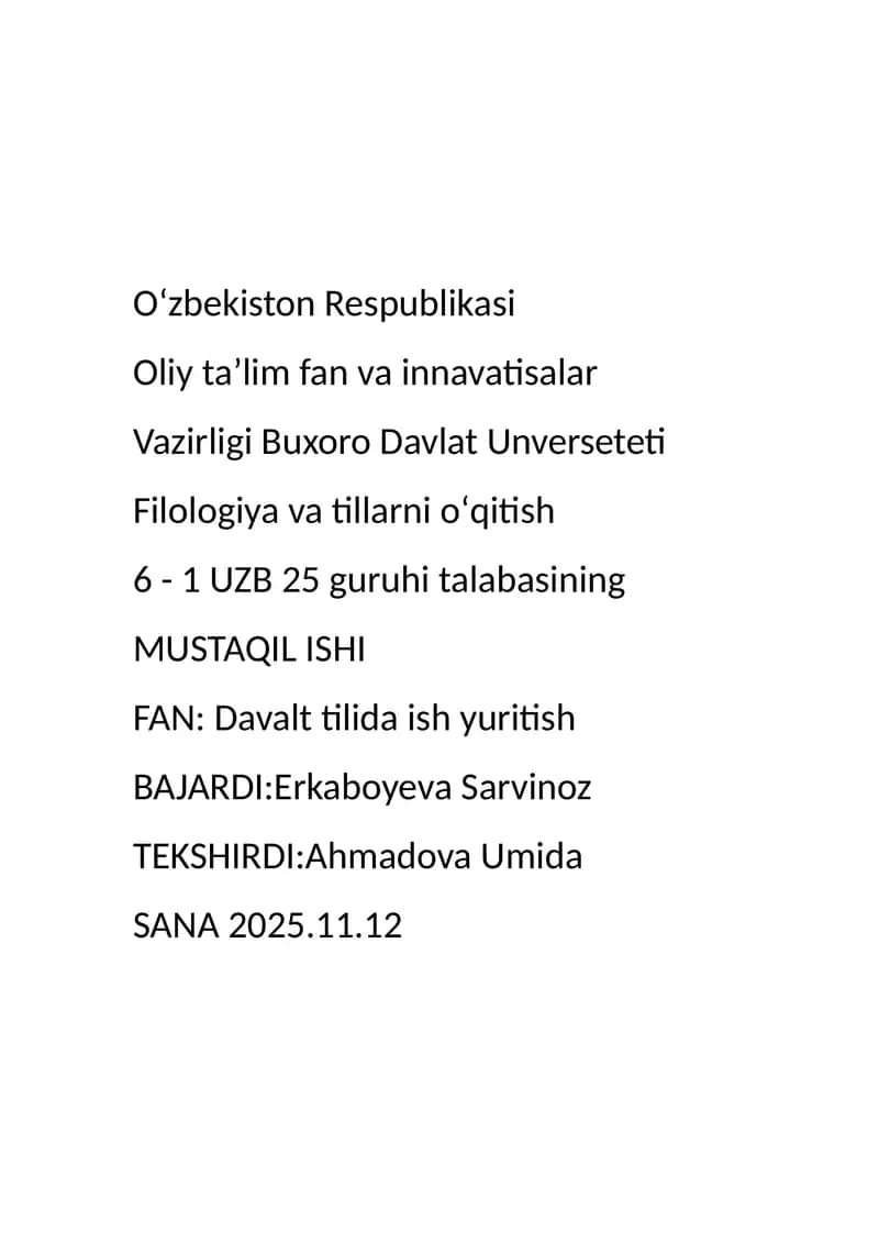 Davlat yilida ish yuritish fanidan mustaqil talim