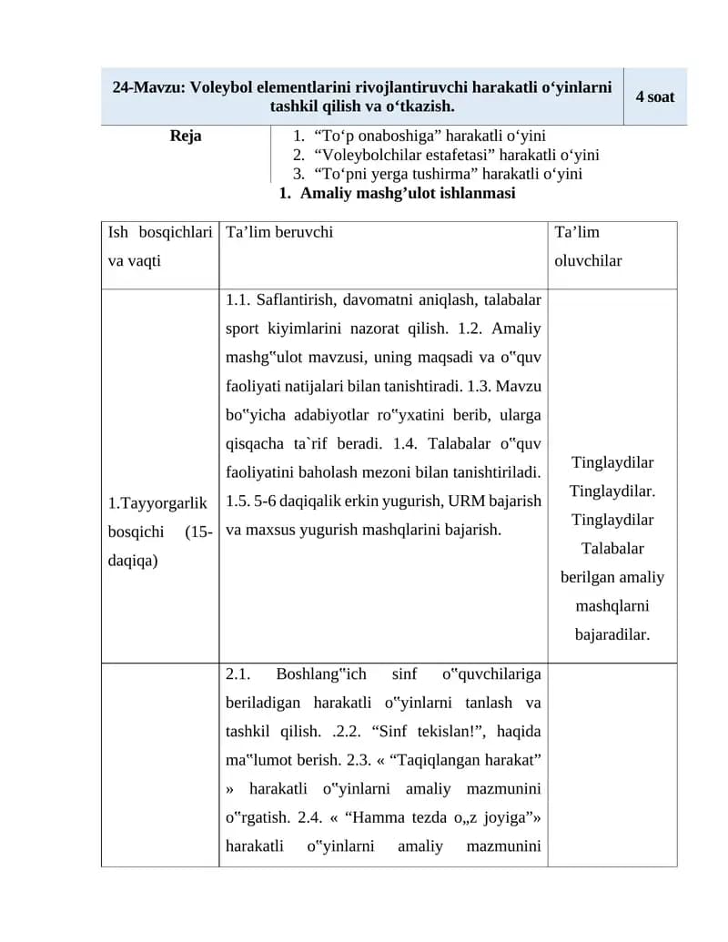 Voleybol elementlarini rivojlantiruvchi harakatli o‘yinlarni tashkil qilish va o‘tkazish