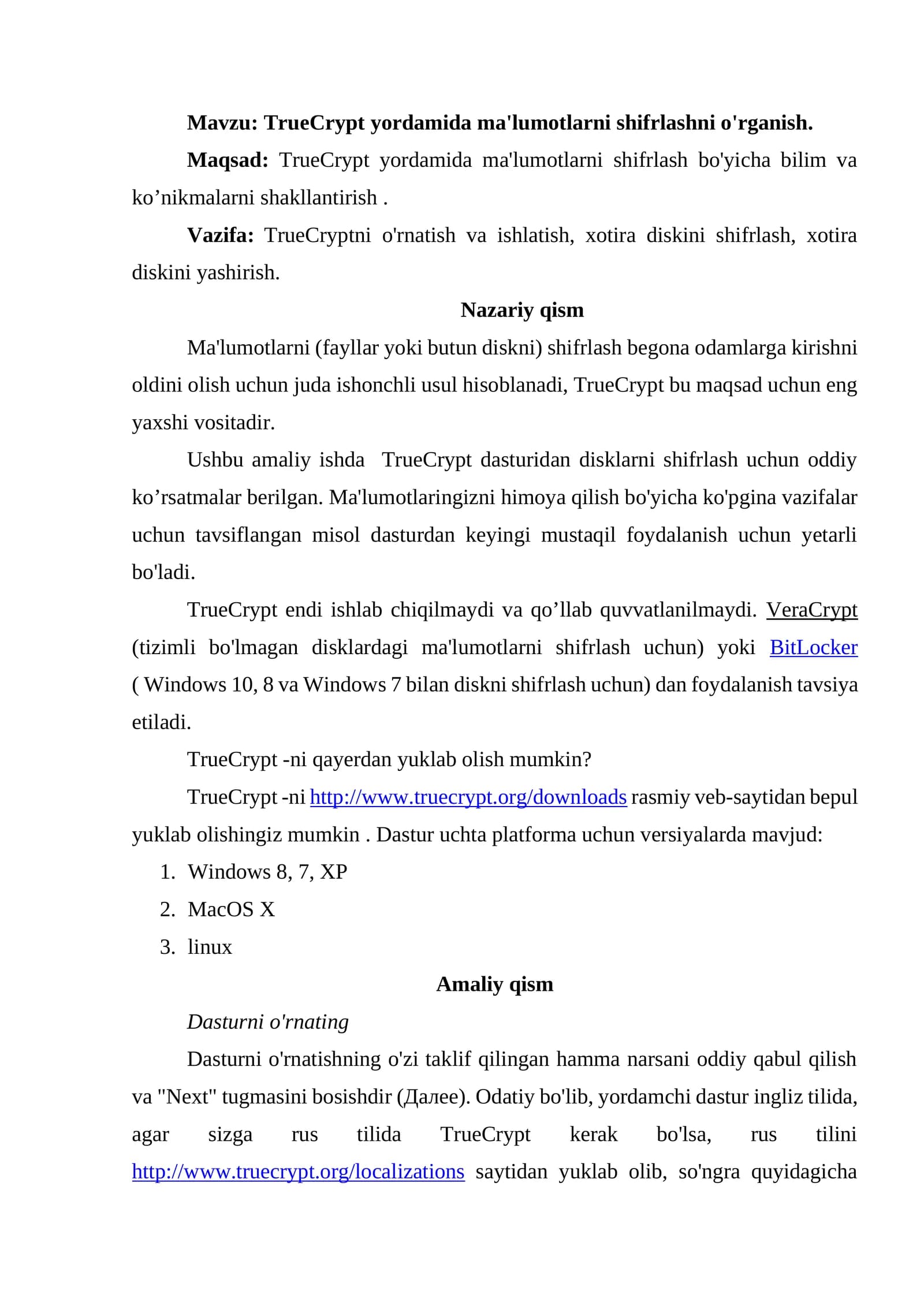 TrueCrypt yordamida ma'lumotlarni shifrlashni o'rganish