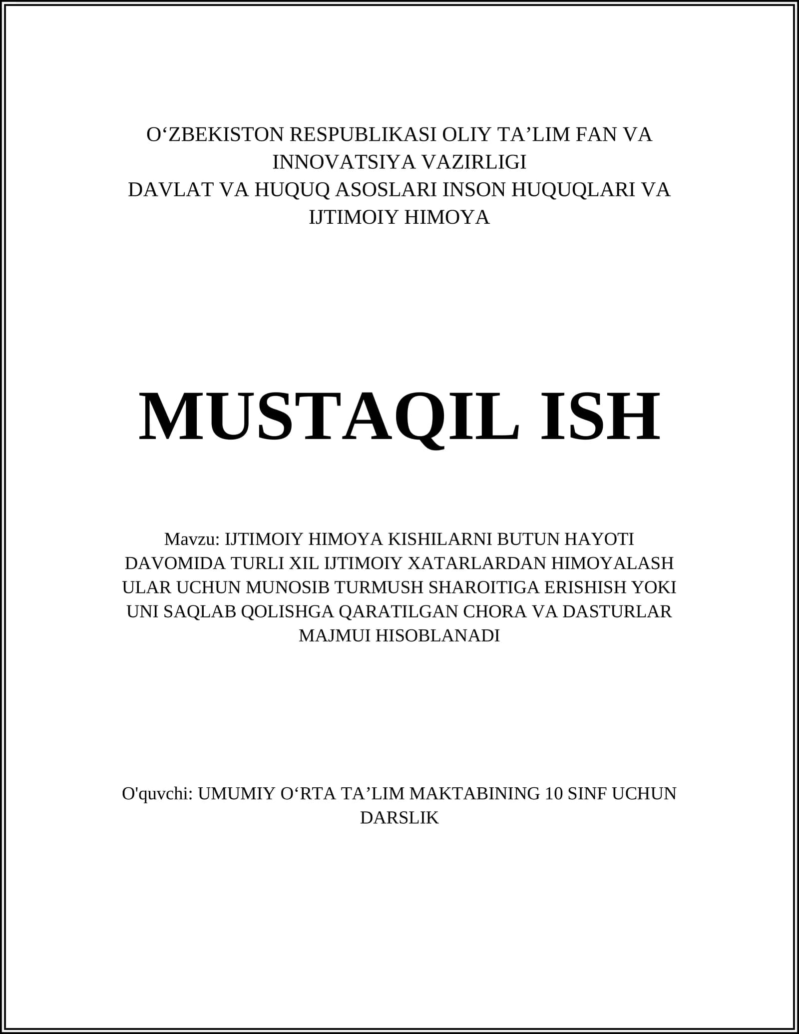 IJTIMOIY HIMOYA KISHILARNI BUTUN HAYOTI DAVOMIDA TURLI XIL IJTIMOIY XATARLARDAN HIMOYALASH ULAR UCHUN MUNOSIB TURMUSH SHAROITIGA ERISHISH YOKI UNI SAQLAB QOLISHGA QARATILGAN CHORA VA DASTURLAR MAJMUI HISOBLANADI