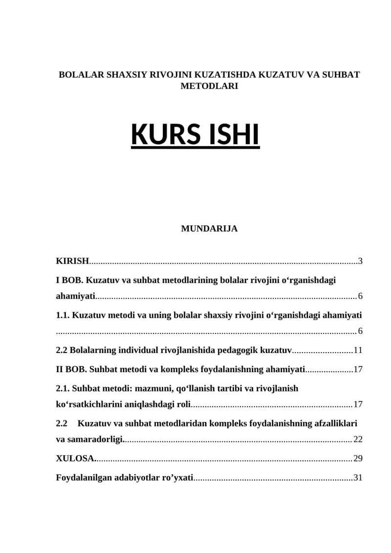 BOLALAR SHAXSIY RIVOJINI KUZATISHDA KUZATUV VA SUHBAT METODLARI KURS ISHI