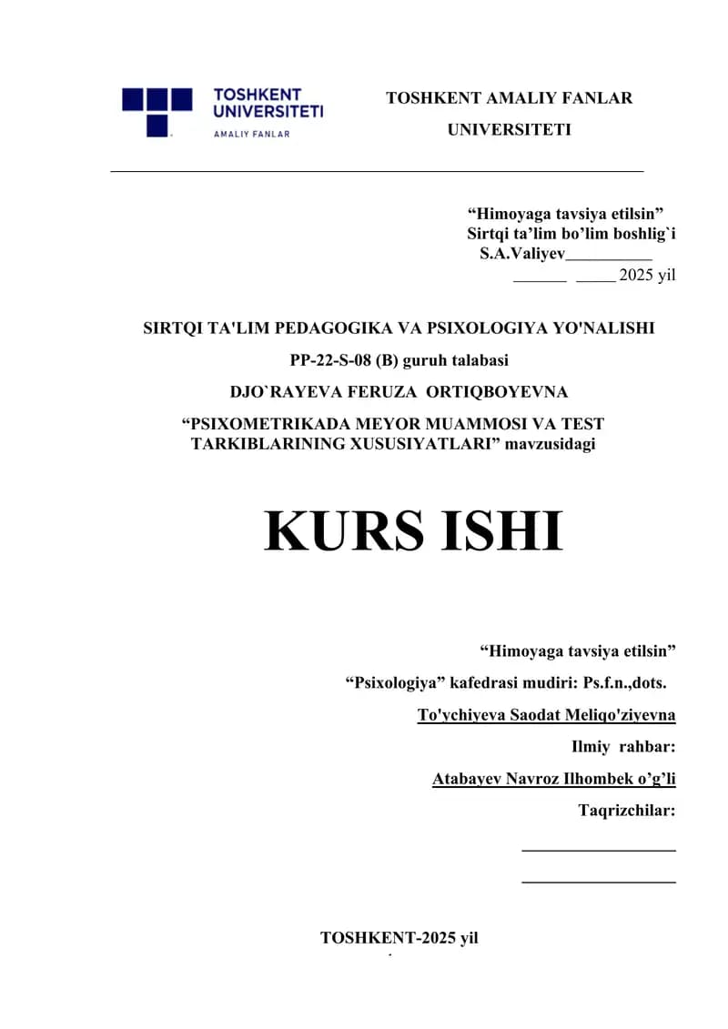 PSIXOMETRIKADA MEYOR MUAMMOSI VA TEST TARKIBLARINING XUSUSIYATLARI