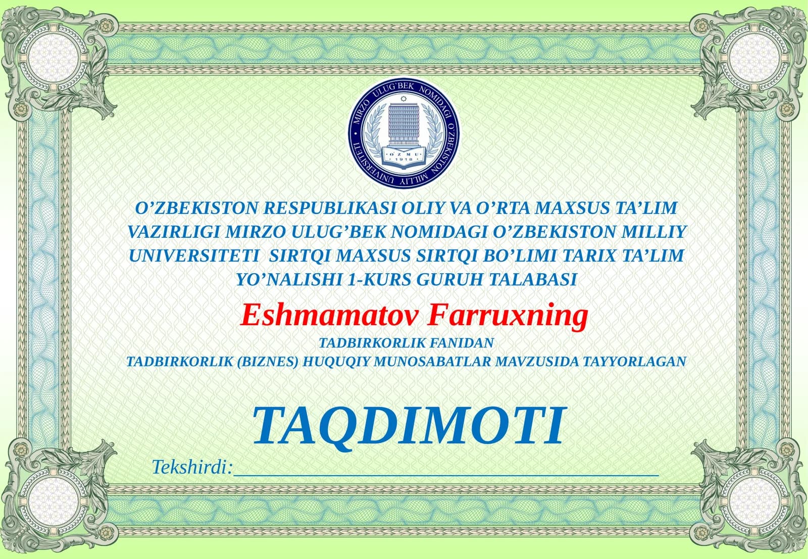TADBIRKORLIK (BIZNES) HUQUQIY MUNOSABATLAR
