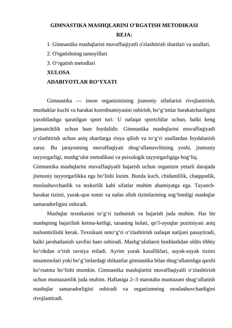 GIMNASTIKA MASHQLARINI O'RGATISH METODIKASI