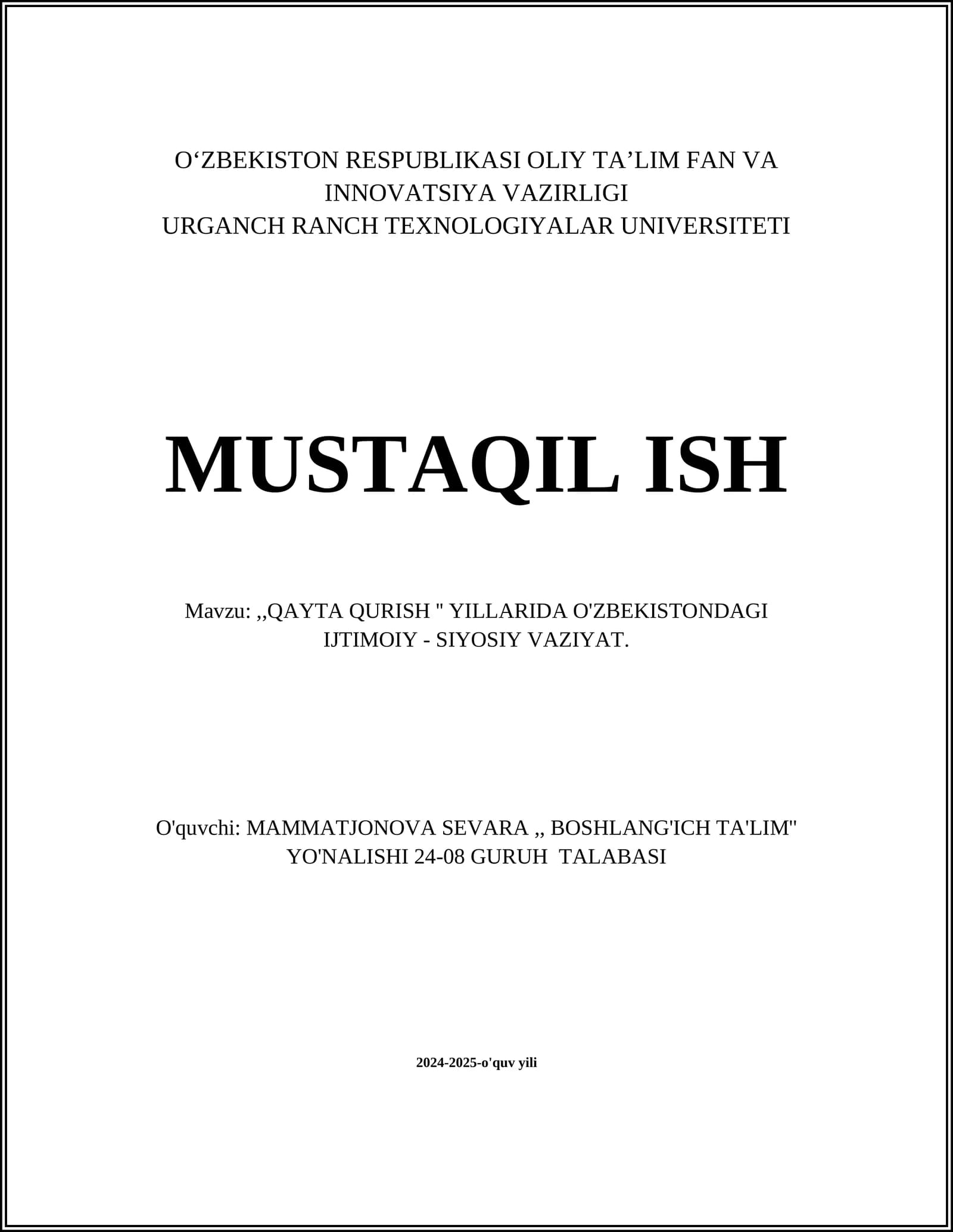 QAYTA QURISH YILLARIDA O'ZBEKISTONDAGI IJTIMOIY - SIYOSIY VAZIYAT