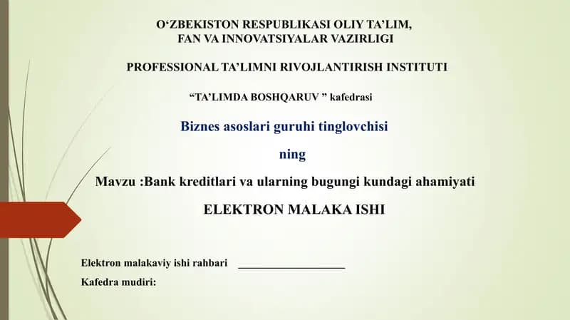 Bank kreditlari va ularning bugungi kundagi ahamiyati