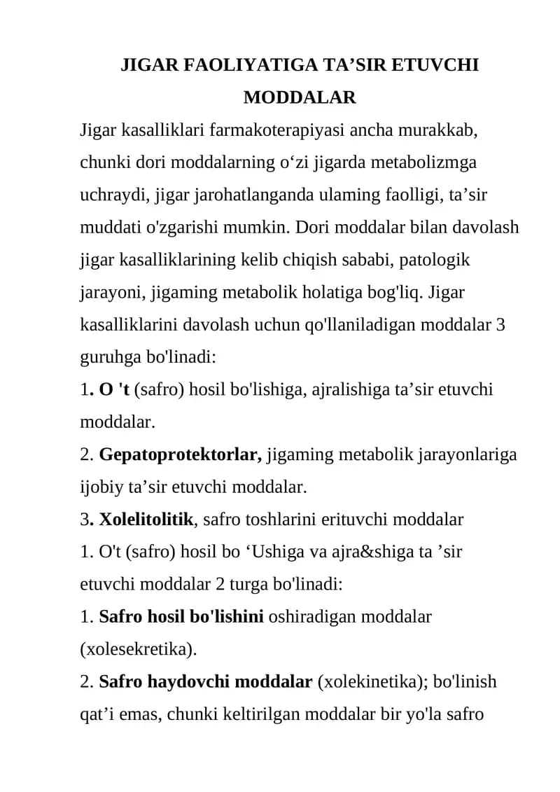 JIGAR FAOLIYATIGA TA’SIR ETUVCHI MODDALAR