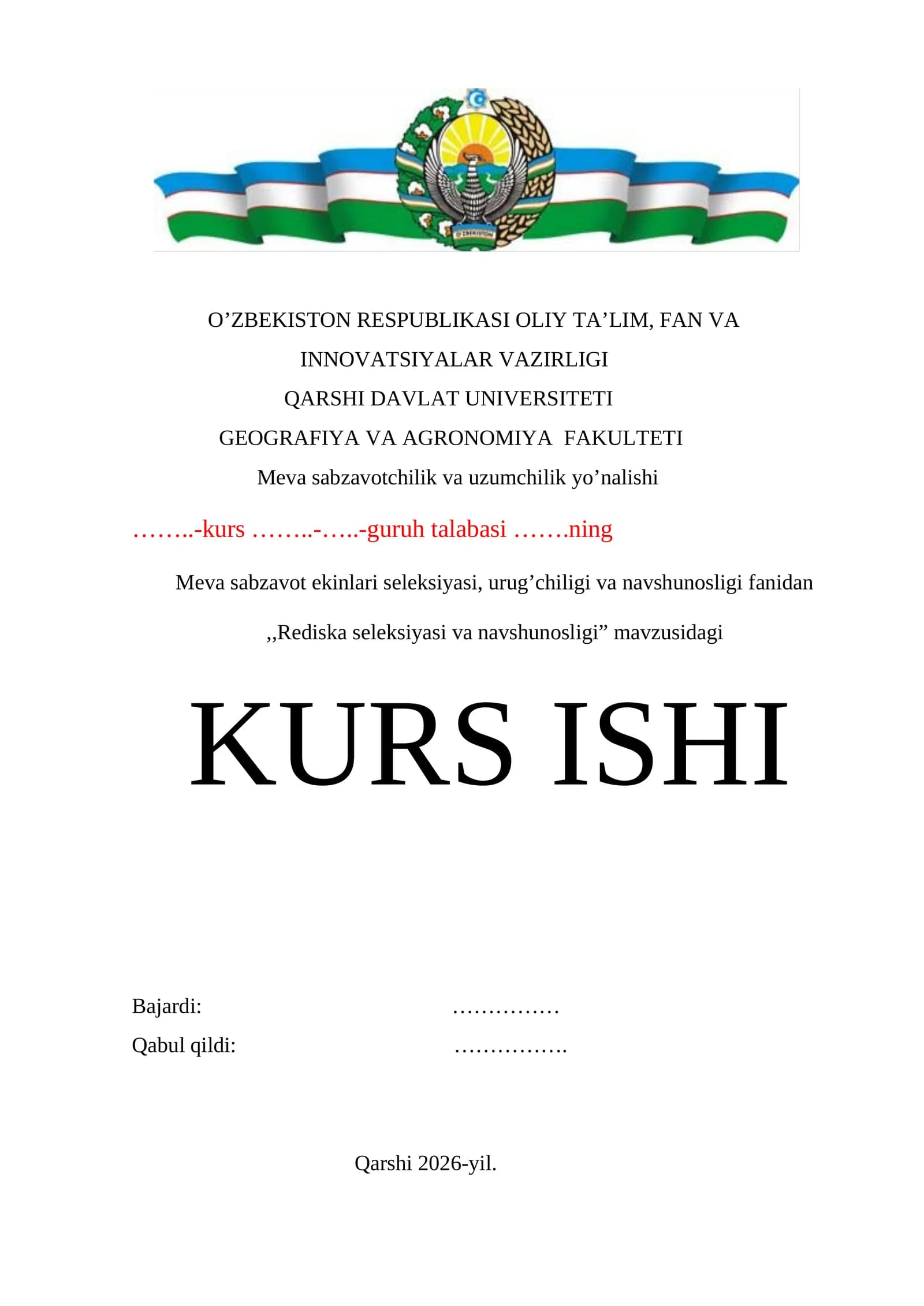Rediska seleksiyasi va navshunosligi mavzusida tayyor kurs ishi