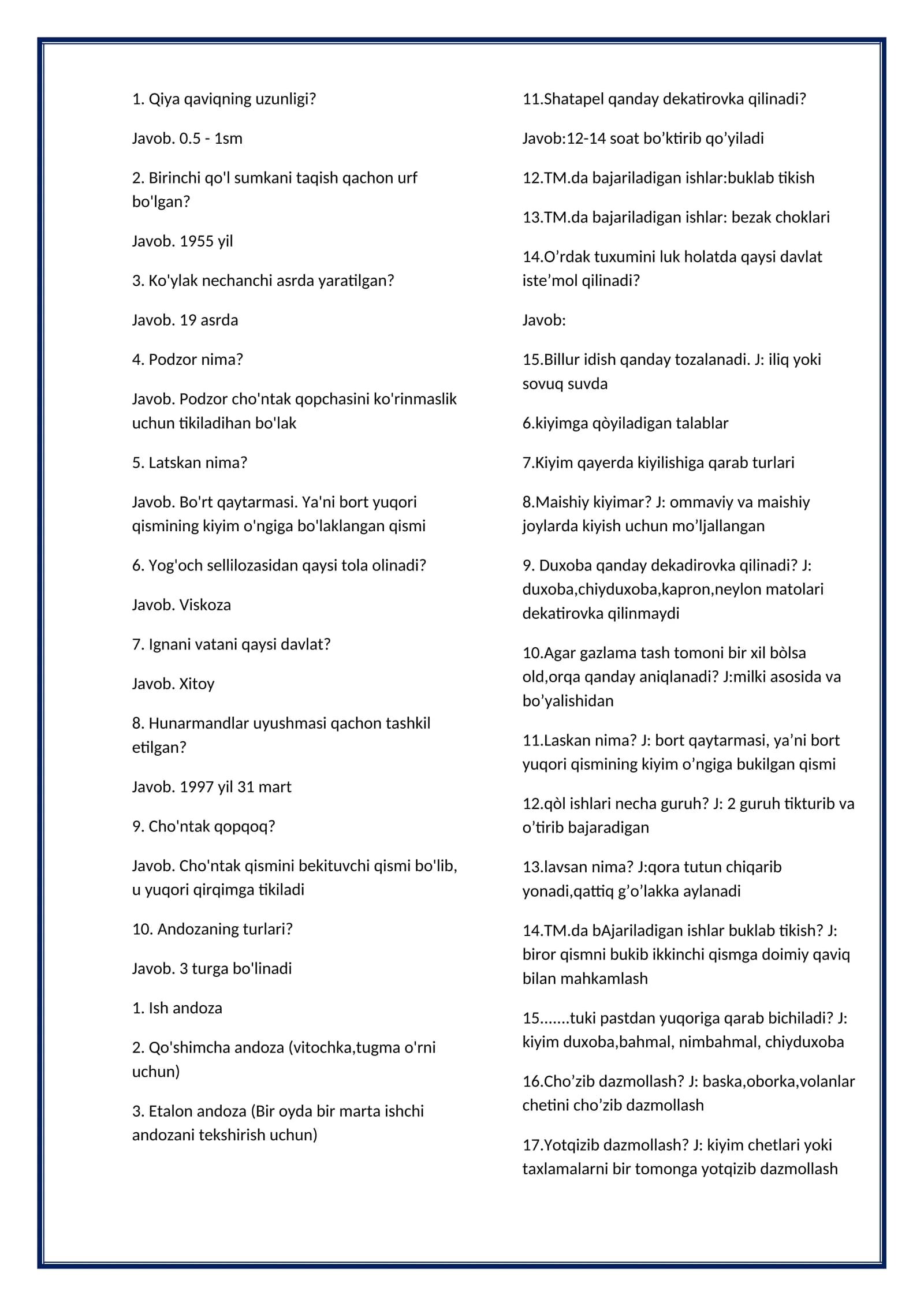 Texnologiya fanidan 200 talik test javoblari bilan