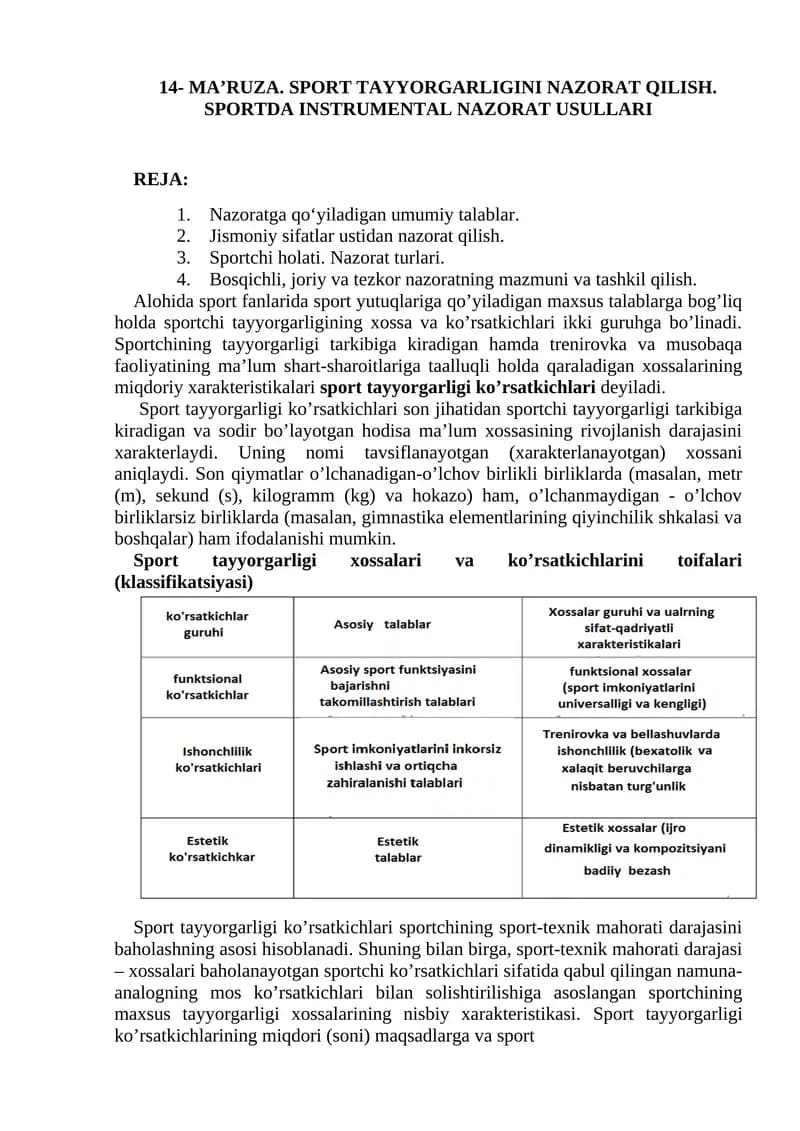 SPORT TAYYORGARLIGINI NAZORAT QILISH
