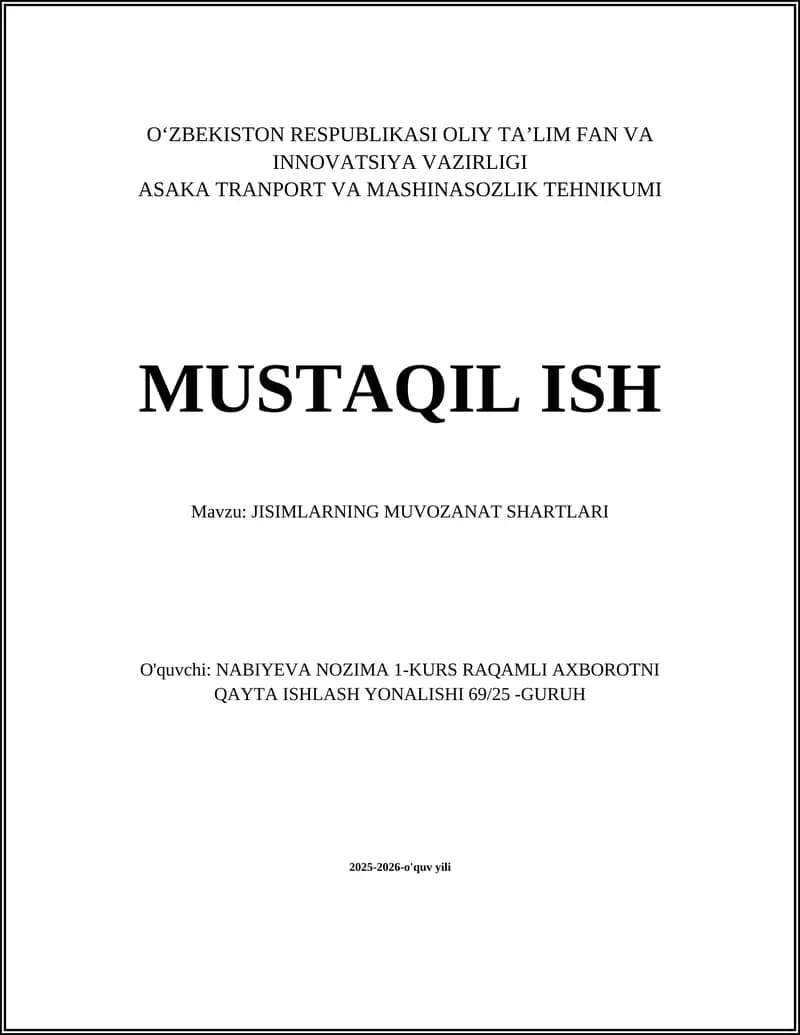 JISIMLARNING MUVOZANAT SHARTLARI