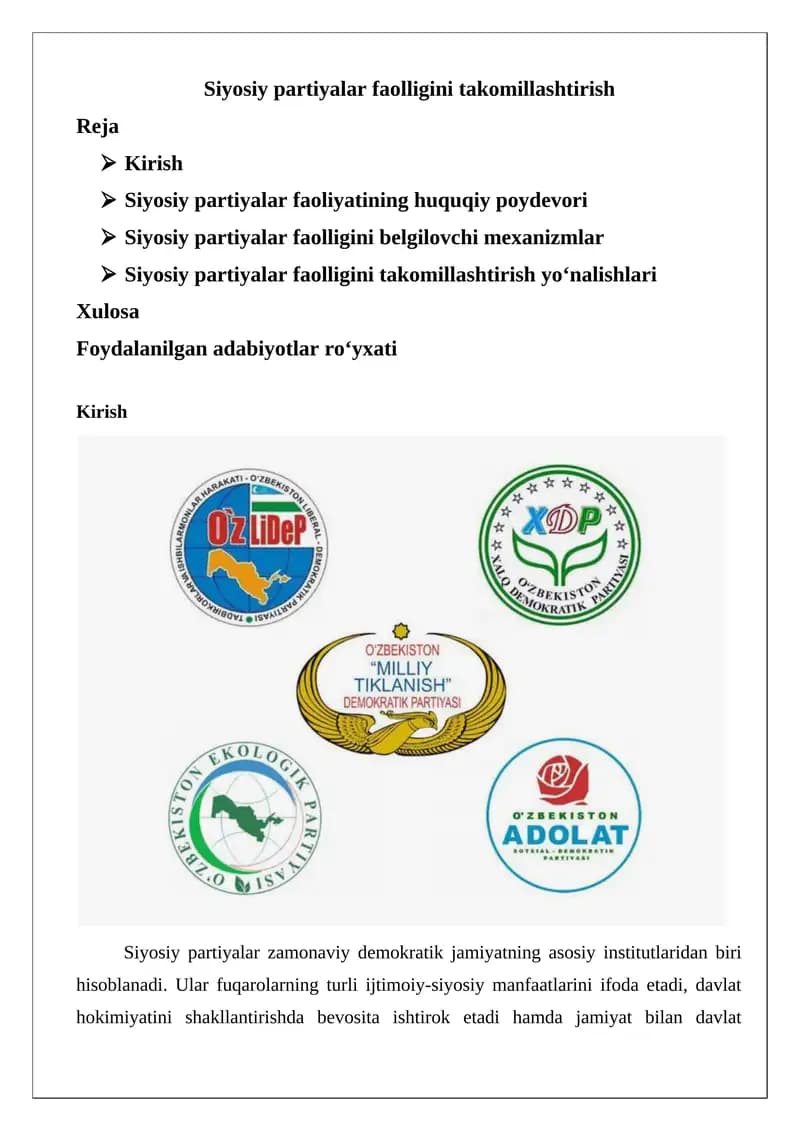 Siyosiy partiyalar faolligini takomillashtirish
