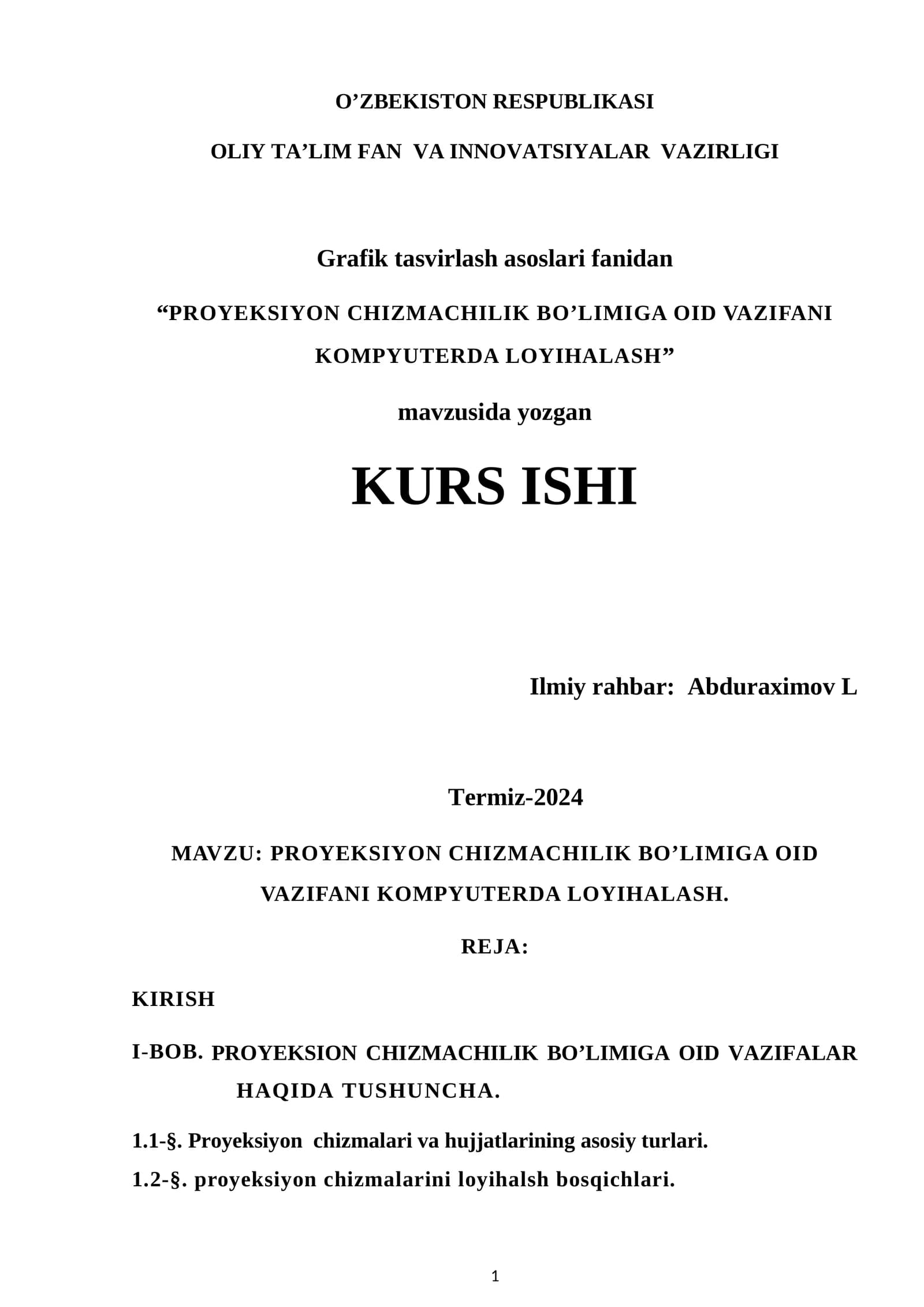 PROYEKSIYON CHIZMACHILIK BO’LIMIGA OID VAZIFANI KOMPYUTERDA LOYIHALASH
