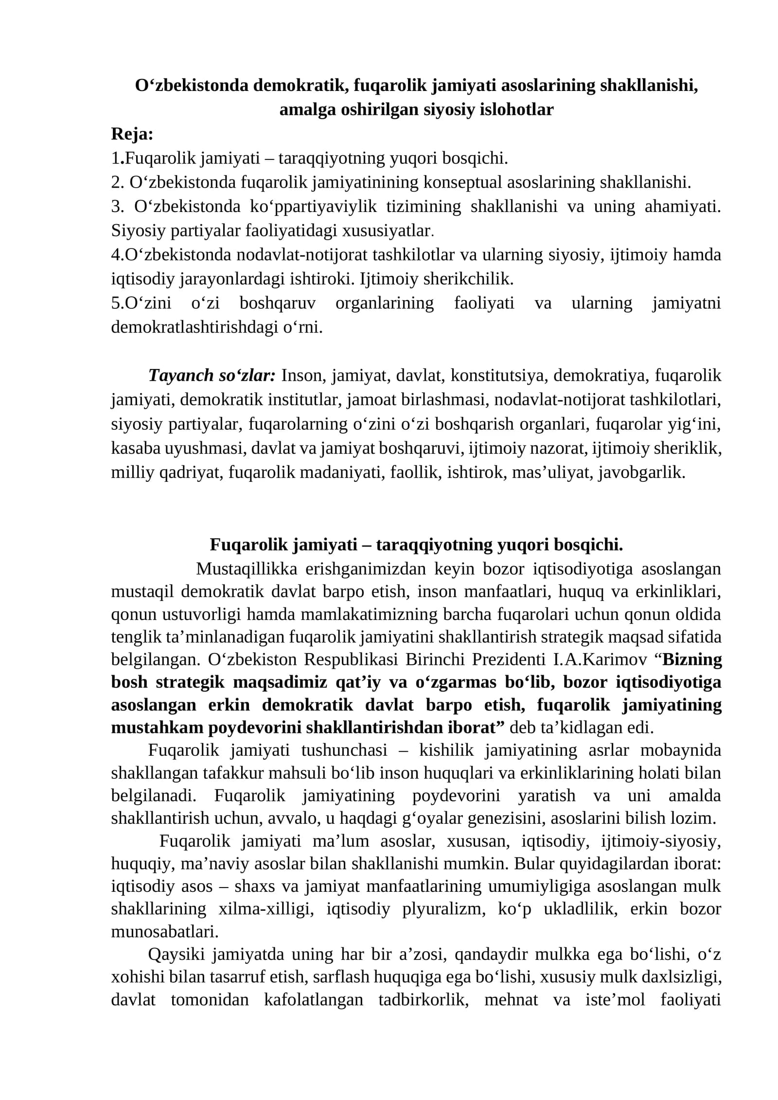 O‘zbekistonda demokratik, fuqarolik jamiyati asoslarining shakllanishi, amalga oshirilgan siyosiy islohotlar