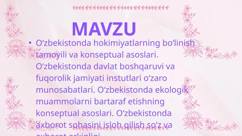 Oʻzbekistonda hokimiyatlarning boʻlinish tamoyili va konseptual asoslari. Oʻzbekistonda davlat boshqaruvi va fuqorolik jamiyati instutlari oʻzaro munosabatlari