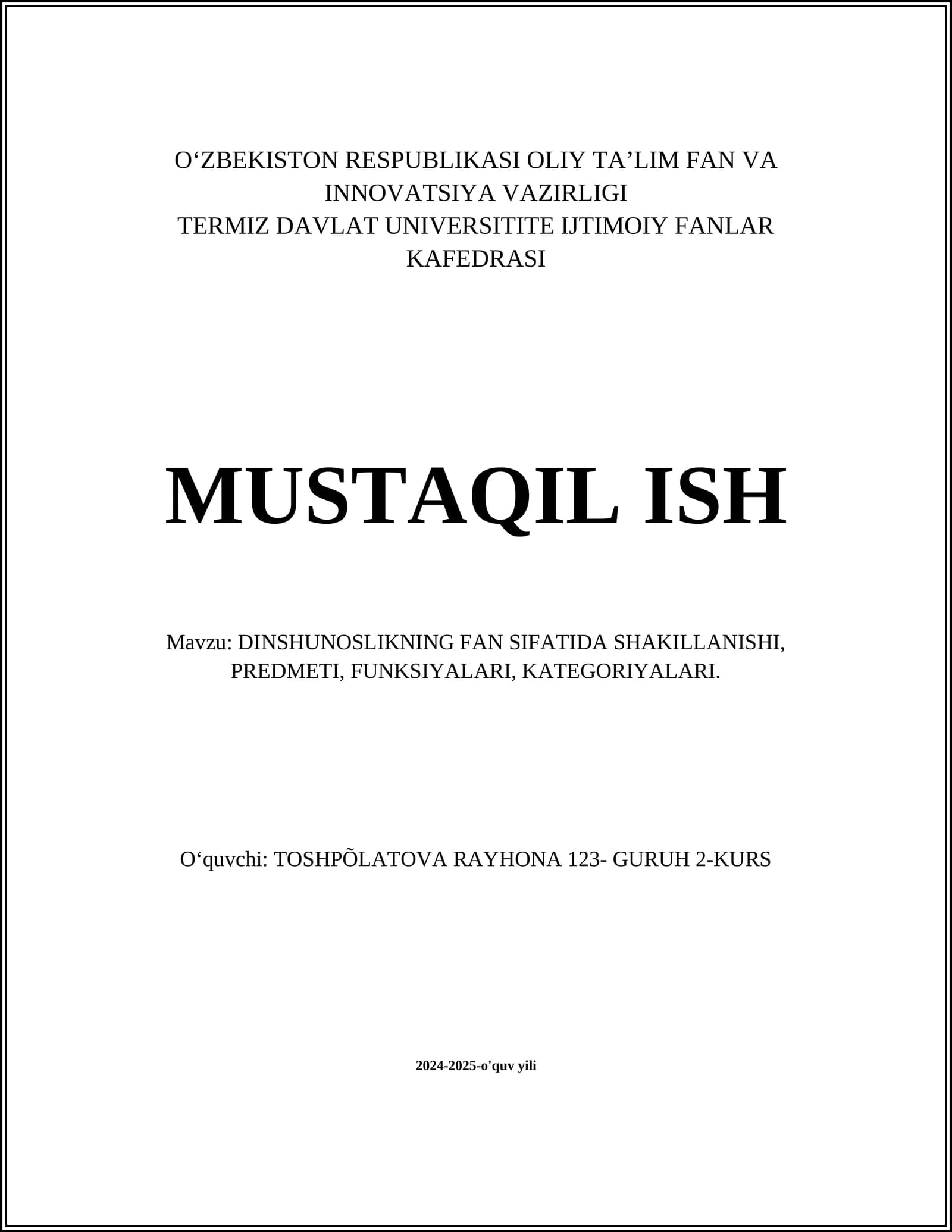 DINSHUNOSLIKNING FAN SIFATIDA SHAKILLANISHI, PREDMETI, FUNKSIYALARI, KATEGORIYALARI