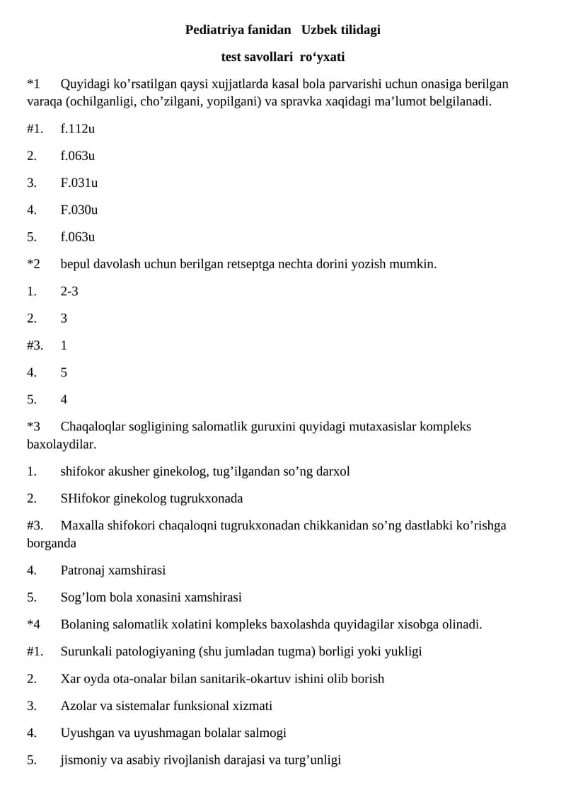 Pediatriya fanidan Uzbek tilidagi test savollari ro‘yxati