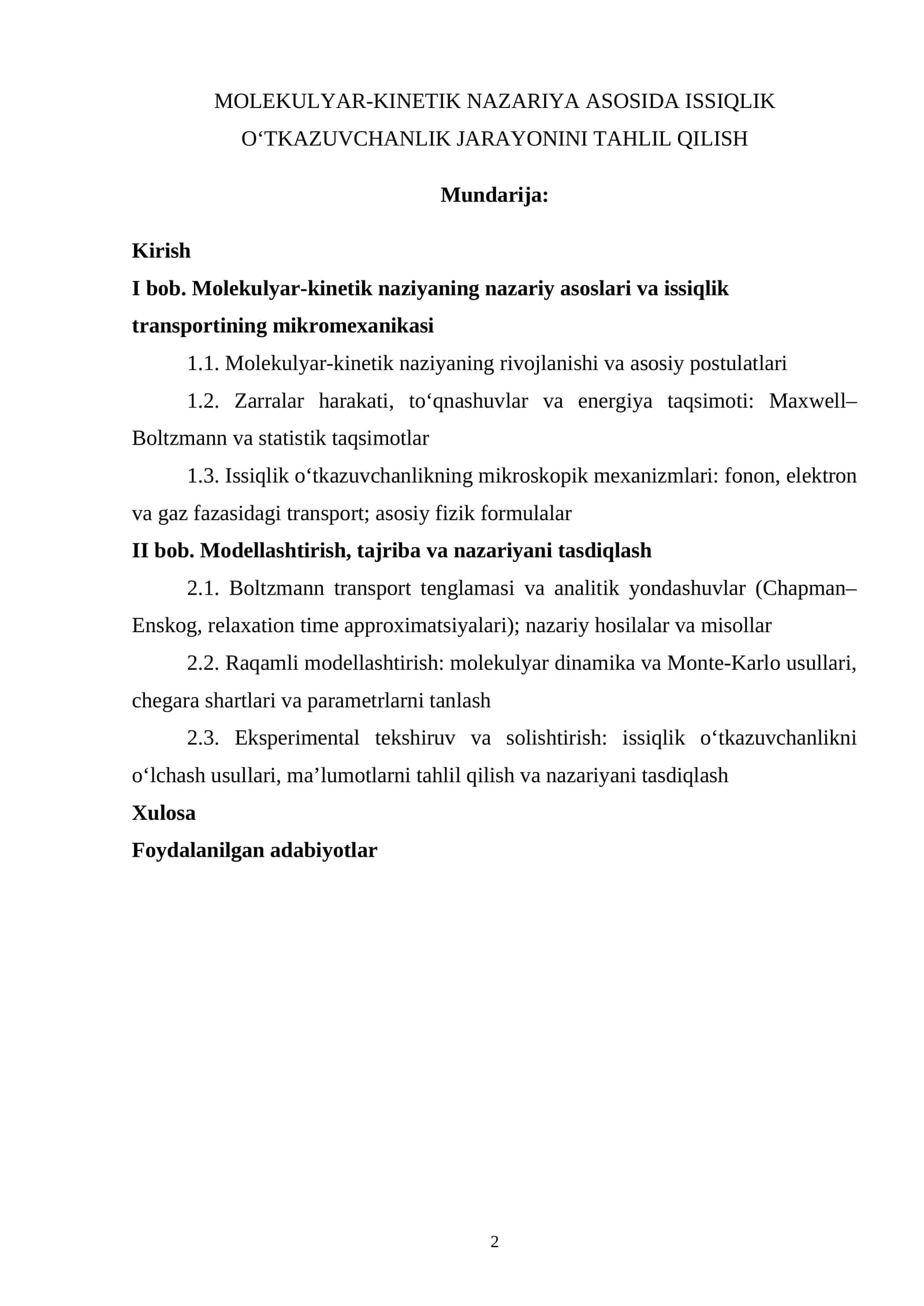MOLEKULYAR-KINETIK NAZARIYA ASOSIDA ISSIQLIK O‘TKAZUVCHANLIK JARAYONINI TAHLIL QILISH