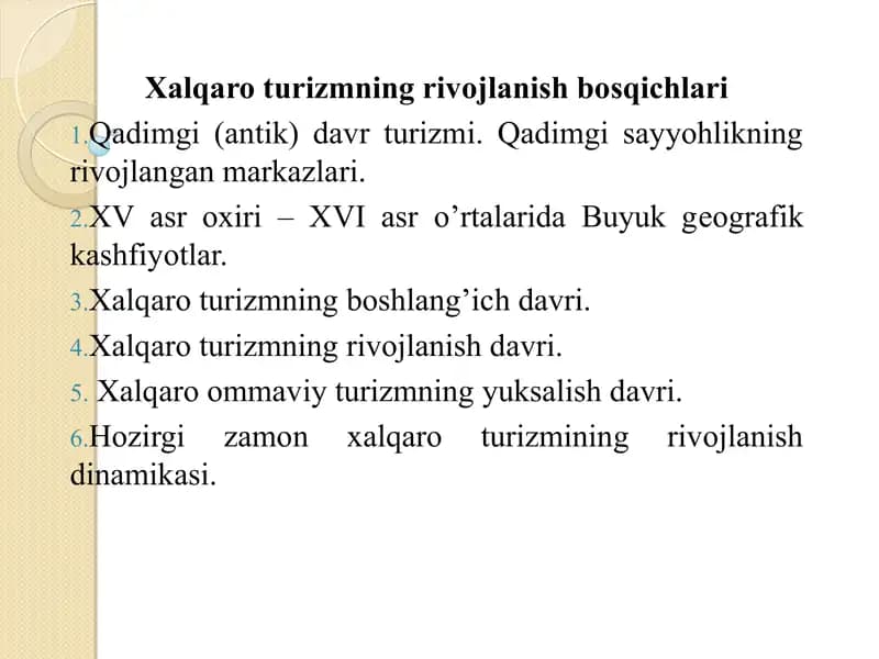 Xalqaro turizmning rivojlanish bosqichlari