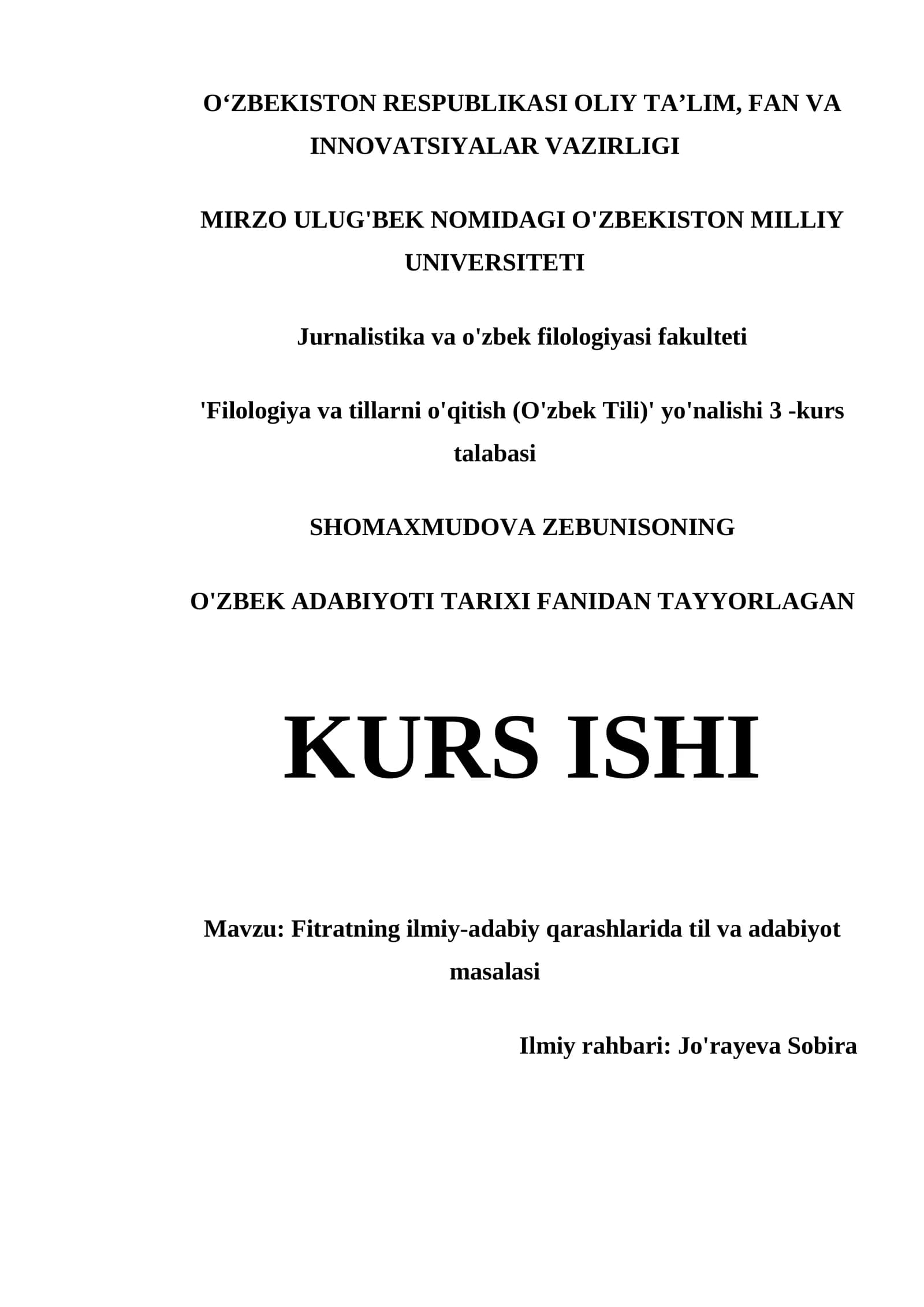 O'zbek Adabiyoti Tarixi Fanidan Tayyorlagan Kurs Ishi