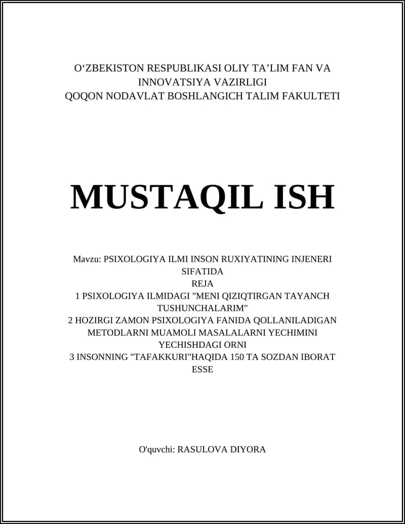 Psixologiya ilmidagi "Meni qiziqtirgan tayanch tushunchalarim"