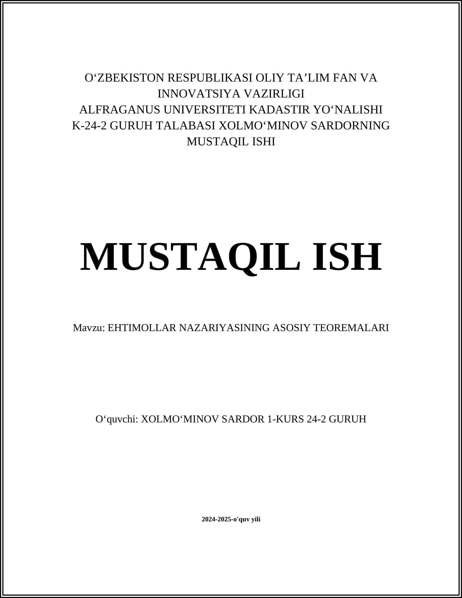 EHTIMOLLAR NAZARIYASINING ASOSIY TEOREMALARI