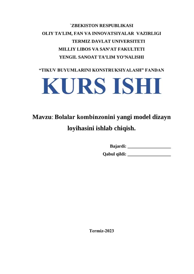 Bolalar kombinzonini yangi model dizayn loyihasini ishlab chiqish.