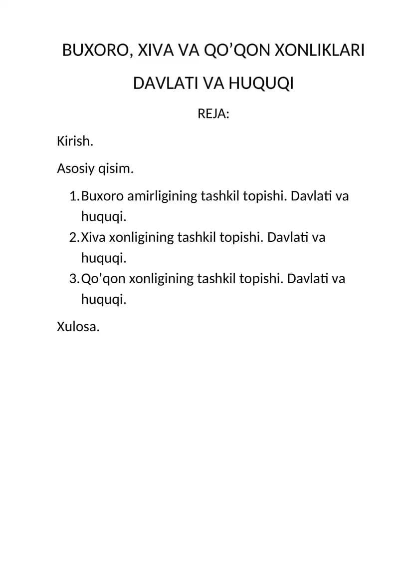 BUXORO, XIVA VA QO’QON XONLIKLARI DAVLATI VA HUQUQI